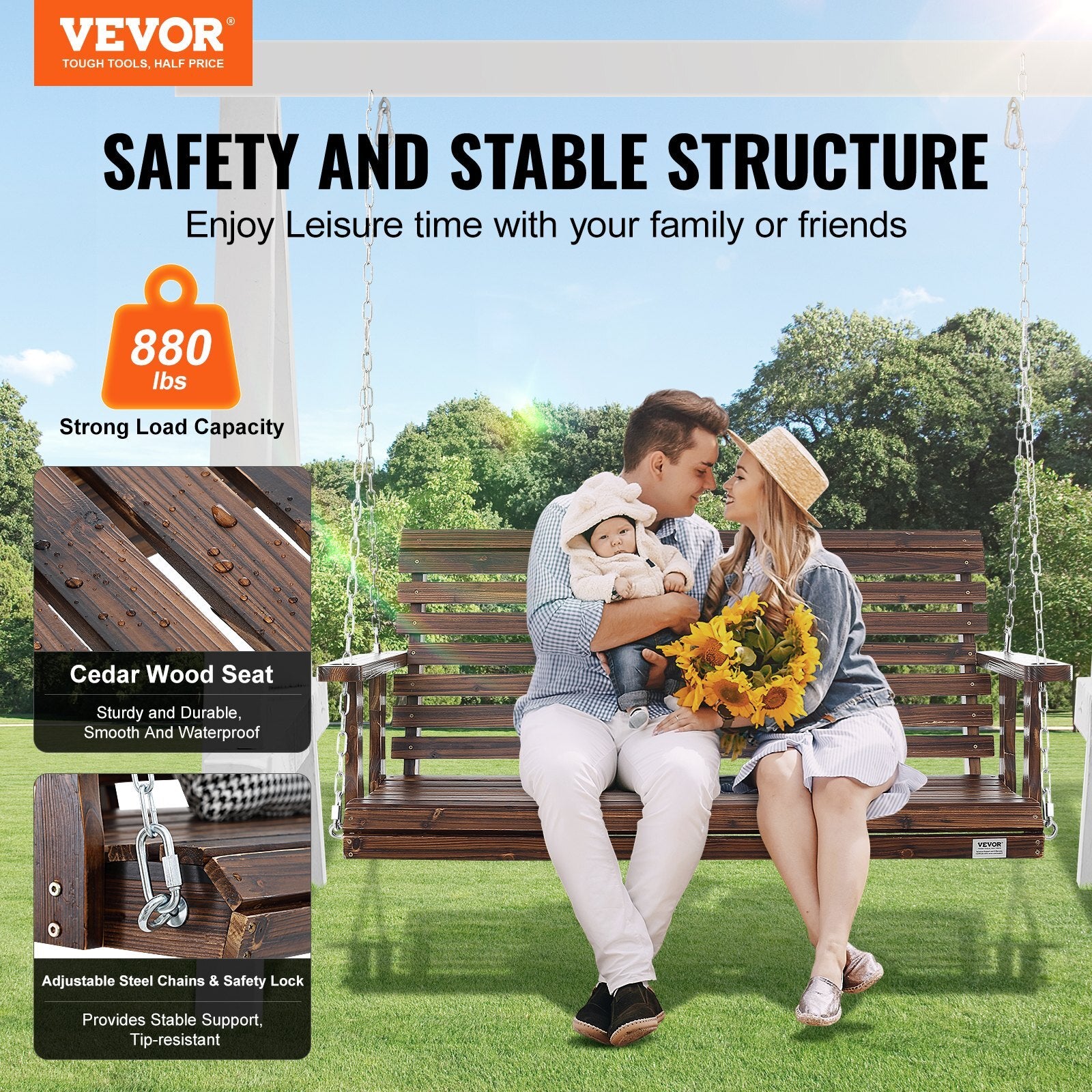 VEVOR Wooden Porch Swing 4.5 ft, Patio bench swing for Courtyard & Garden, Upgraded 880 lbs Strong Load Capacity, Heavy Duty Swing Chair Bench with Hanging Chains for Outdoors, Carbonized Brown - Premium Porch Swings from VEVOR - Just $129.99! Shop now at Rapidvehicles