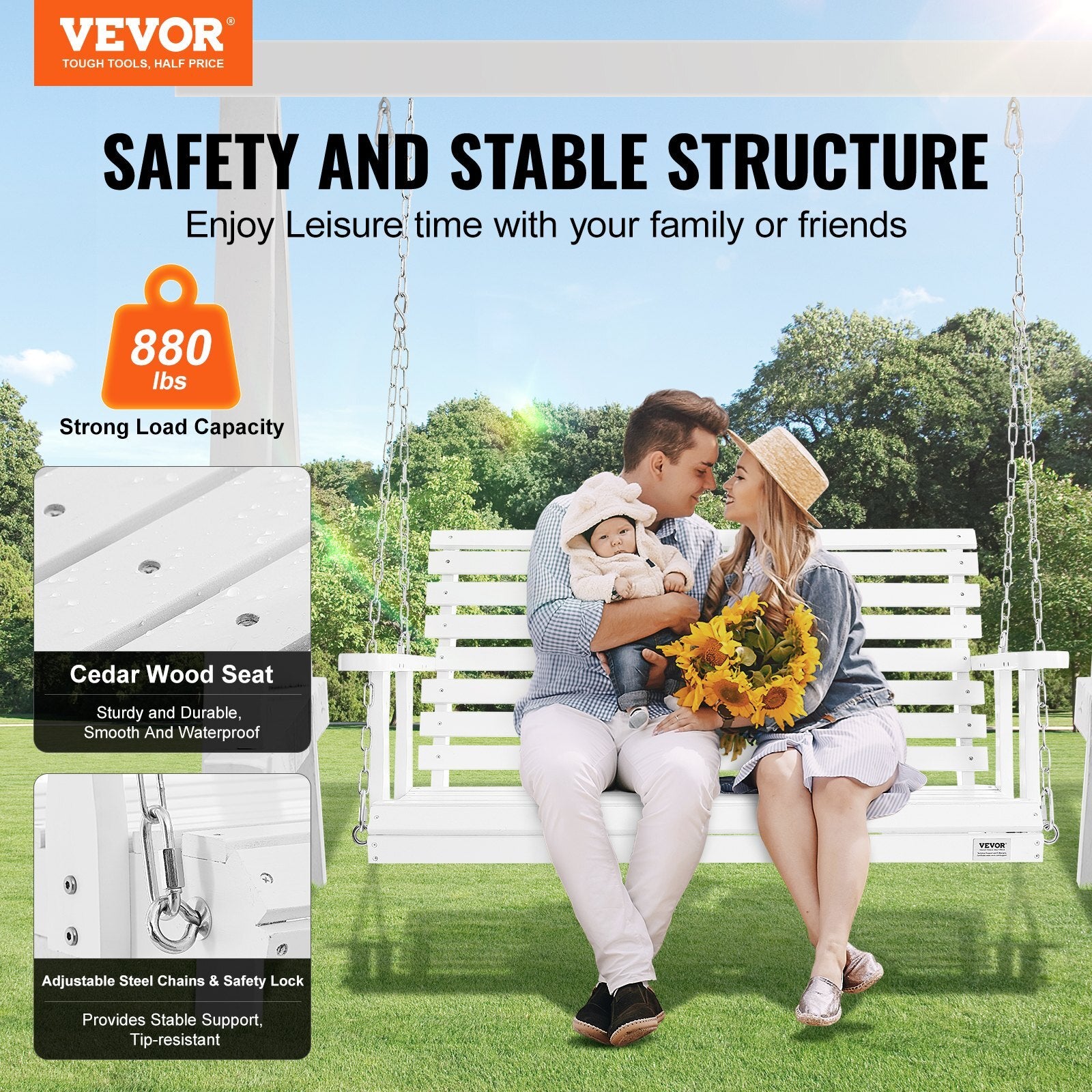 VEVOR Wooden Porch Swing 4 ft, Patio bench swing for Courtyard & Garden, Upgraded 880 lbs Strong Load Capacity, Heavy Duty Swing Chair Bench with Hanging Chains for Outdoors, White - Premium Porch Swings from VEVOR - Just $125.99! Shop now at Rapidvehicles