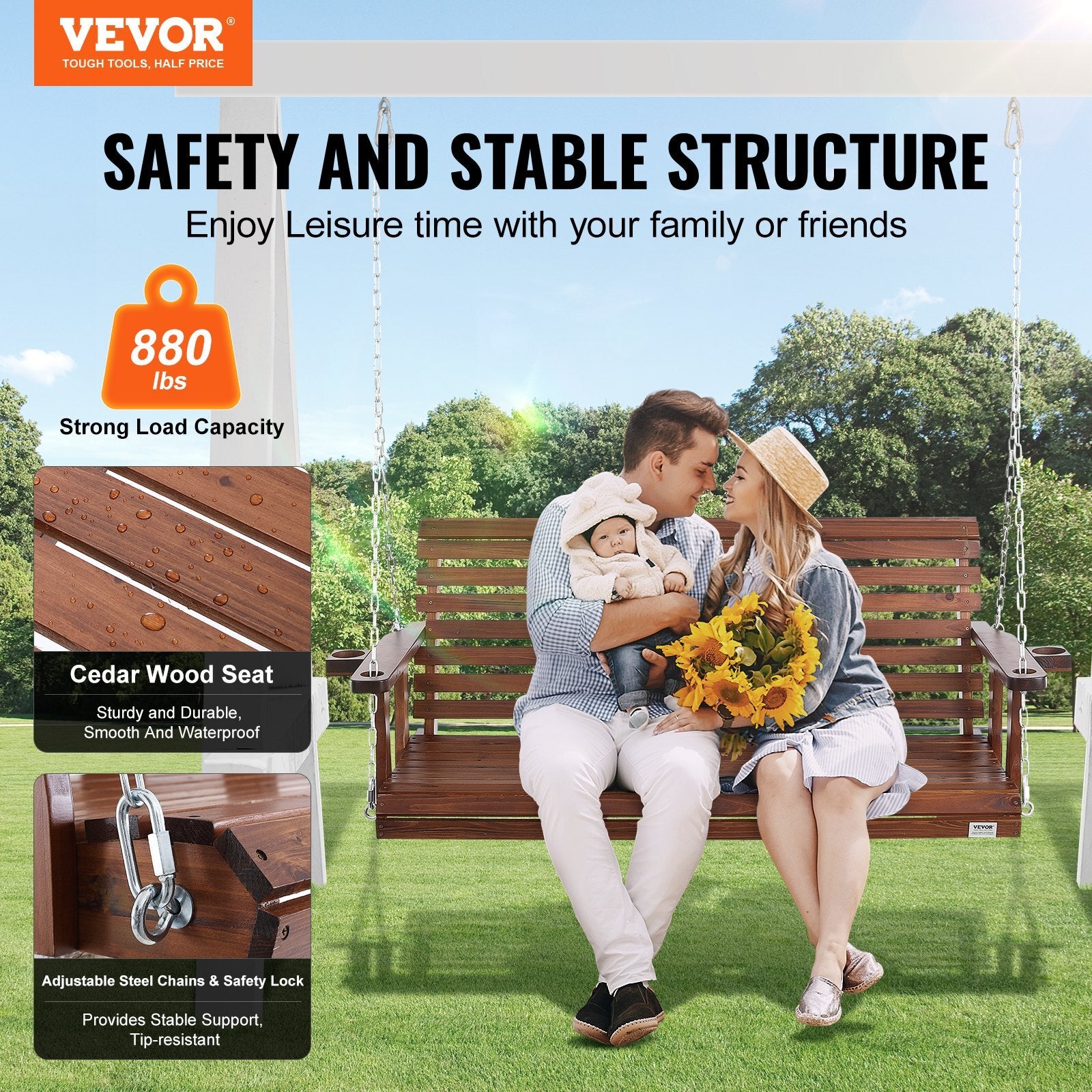 VEVOR Wooden Porch Swing 5.5 ft, Patio bench swing for Courtyard & Garden, Upgraded 880 lbs Strong Load Capacity, Heavy Duty Swing Chair Bench with Hanging Chains for Outdoors, Brown - Premium Porch Swings from VEVOR - Just $193.69! Shop now at Rapidvehicles