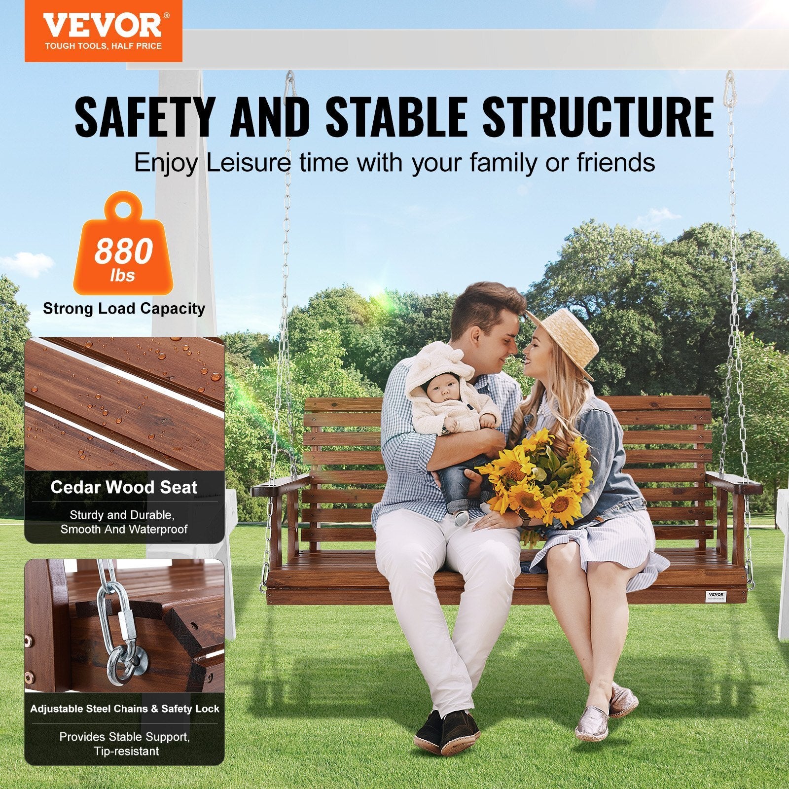 VEVOR Wooden Porch Swing 5 ft, Patio bench swing for Courtyard & Garden, Upgraded 880 lbs Strong Load Capacity, Heavy Duty Swing Chair Bench with Hanging Chains for Outdoors, Brown - Premium Porch Swings from VEVOR - Just $210.08! Shop now at Rapidvehicles