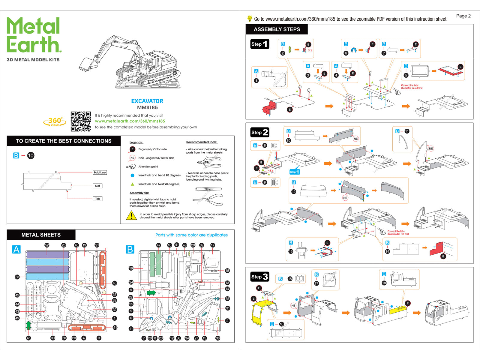 Model Kit Excavator Orange and Black (Challenging Difficulty) Steel Model by Metal Earth