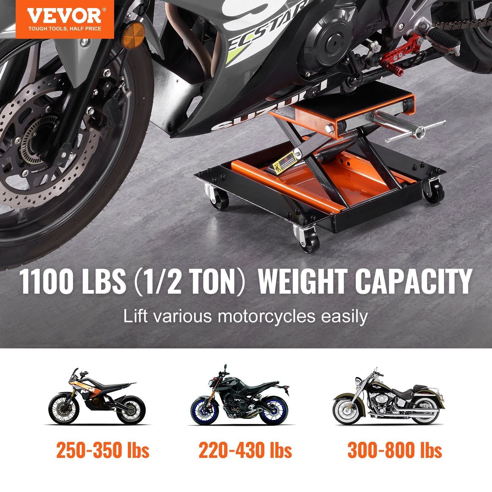 VEVOR Motorcycle Lift, 1100 LBS Motorcycle Lift ATV Scissor Lift Jack with Dolly & Hand Crank, Center Hoist Crank Stand with Wide Deck & Tool Tray for Street Bikes, Cruiser Bikes, Touring Motorcycles - Premium Hydraulic Motorcycle Hoist from VEVOR - Just $108.56! Shop now at Rapidvehicles