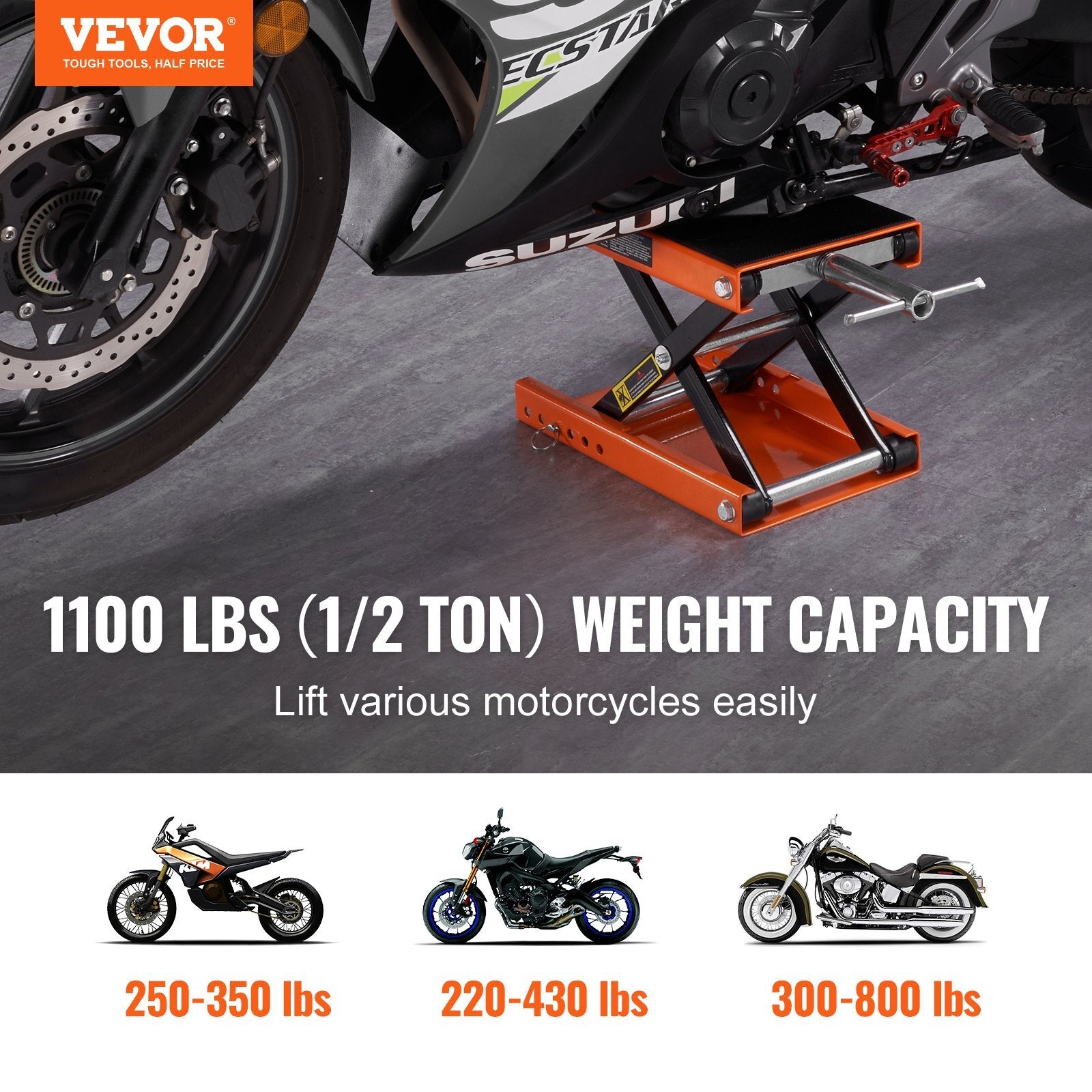 VEVOR Motorcycle Lift, 1100 LBS Motorcycle Scissor Lift Jack with Wide Deck & Safety Pin, 3.7"-13.8" Center Hoist Crank Stand, Steel Scissor Jack for Street Bikes, Cruiser Bikes, Touring Motorcycles - Premium Hydraulic Motorcycle Hoist from VEVOR - Just $75.39! Shop now at Rapidvehicles