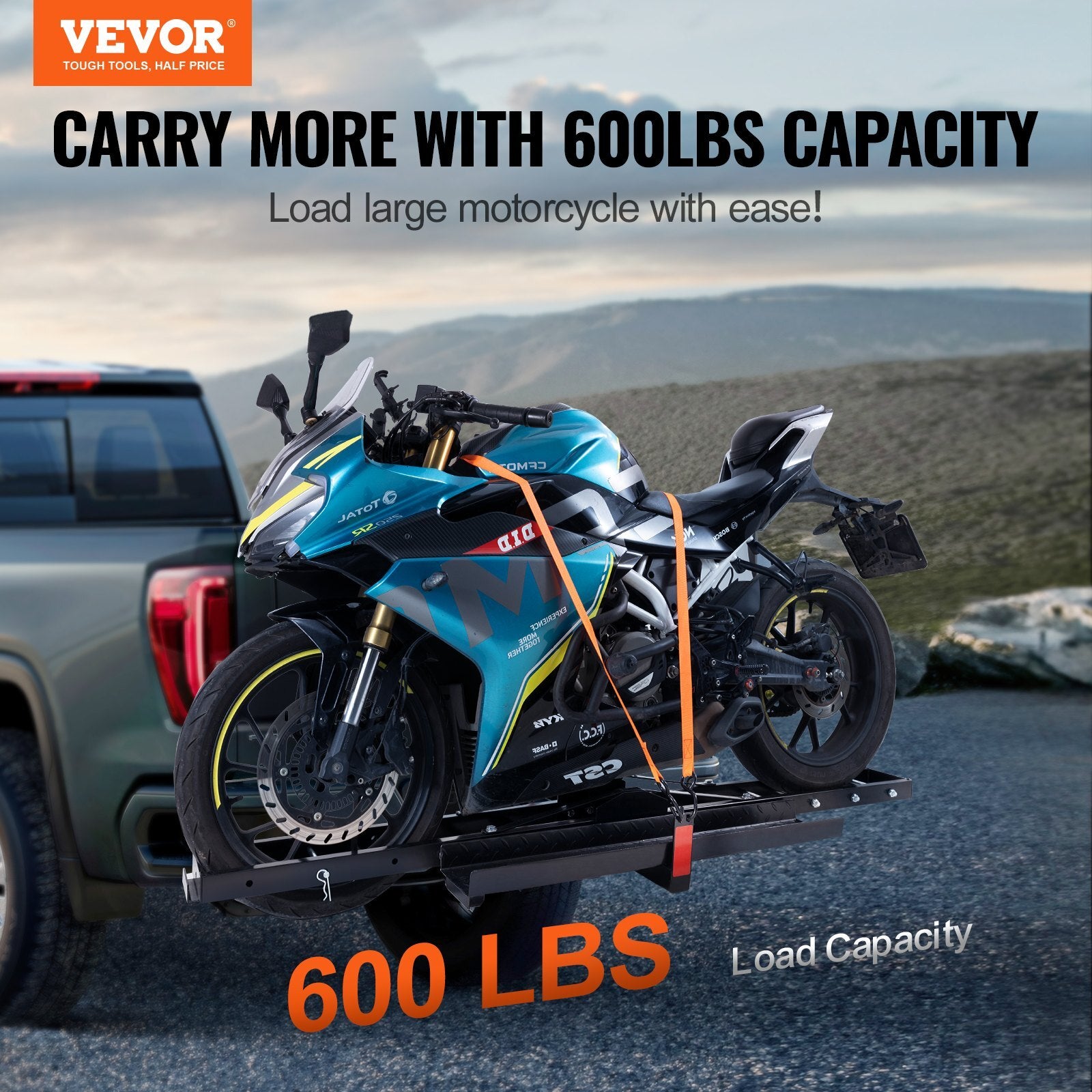 VEVOR Motorcycle Carrier, 600 LBS Steel Motorcycle Carrier Hitch Mount with Loading Ramp, Scooter Dirt Bike Trailer Hauler with Ratchet Straps and Stabilizer, for Car, Truck with 2" Hitch Receiver - Premium Hitch Motorcycle Carriers from VEVOR - Just $180.69! Shop now at Rapidvehicles