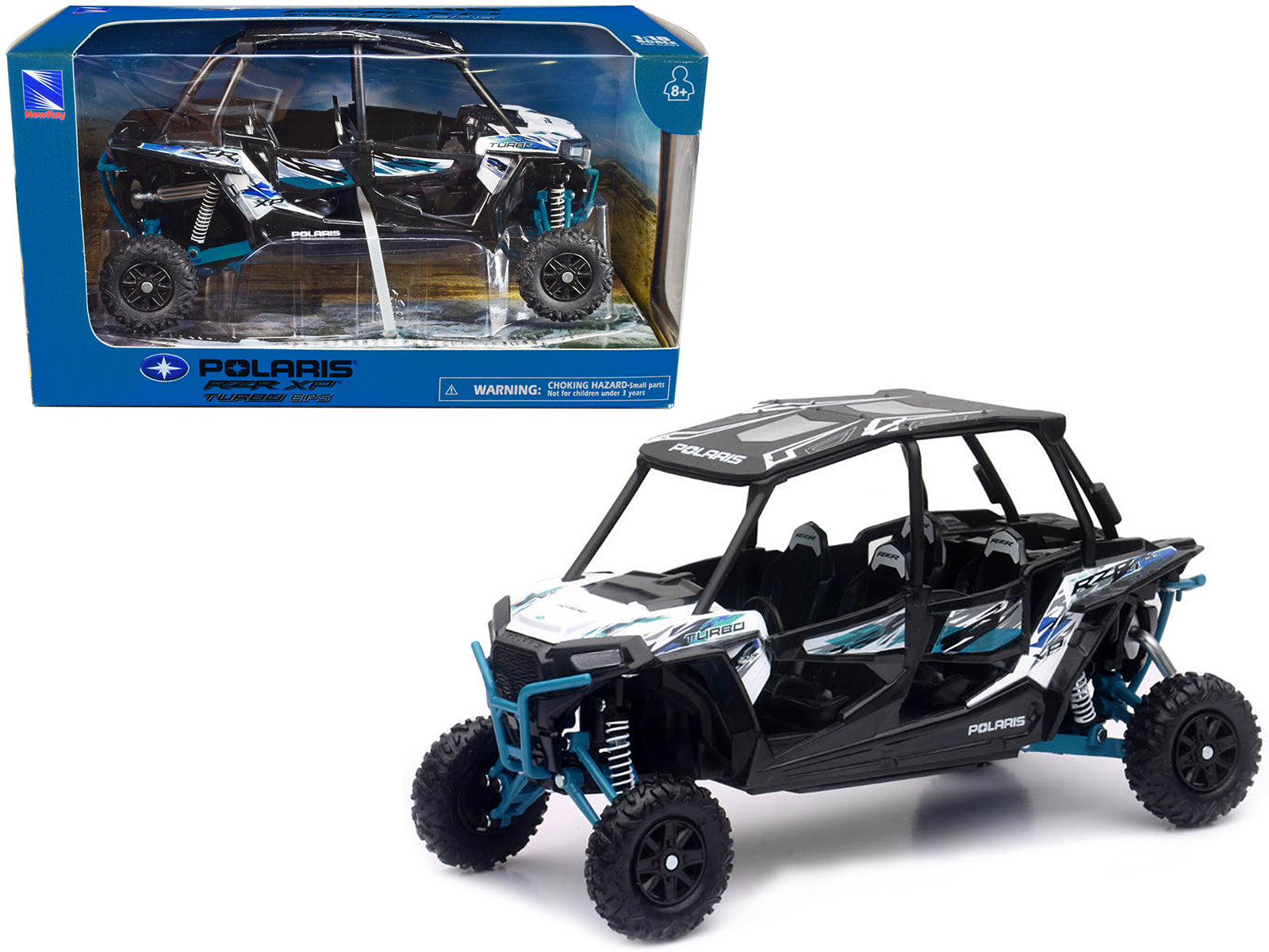 Polaris RZR XP 4 Turbo EPS Sport UTV Matt White Lightning with Graphics and Black Top 1/18 Diecast Model by New Ray free shipping USA