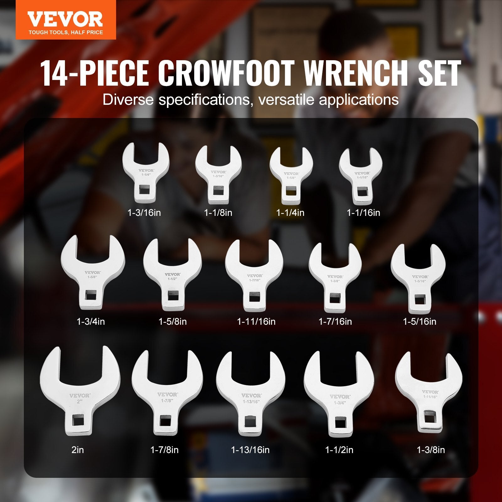 VEVOR Crowfoot Wrench Set, 1/2" Drive 14-Piece SAE (1-1/16" - 2") Crows Foot Wrench Set with Storage Tray, 40CR Material with Laser Etched Sizing, for Mechanical Maintenance or Repairs - Premium Wrench Sets from VEVOR - Just $69.99! Shop now at Rapidvehicles