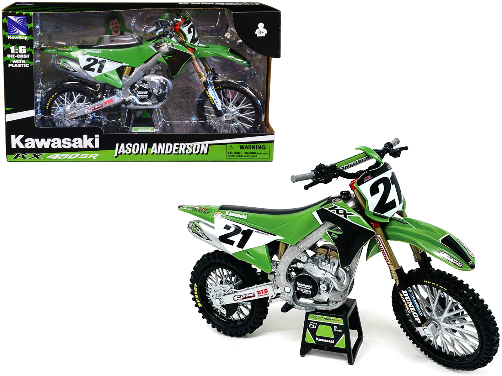 Kawasaki KX450SR Dirt Bike Motorcycle #21 Jason Anderson Green and Black "Kawasaki Racing Team" 1/6 Model by New Ray free shipping USA