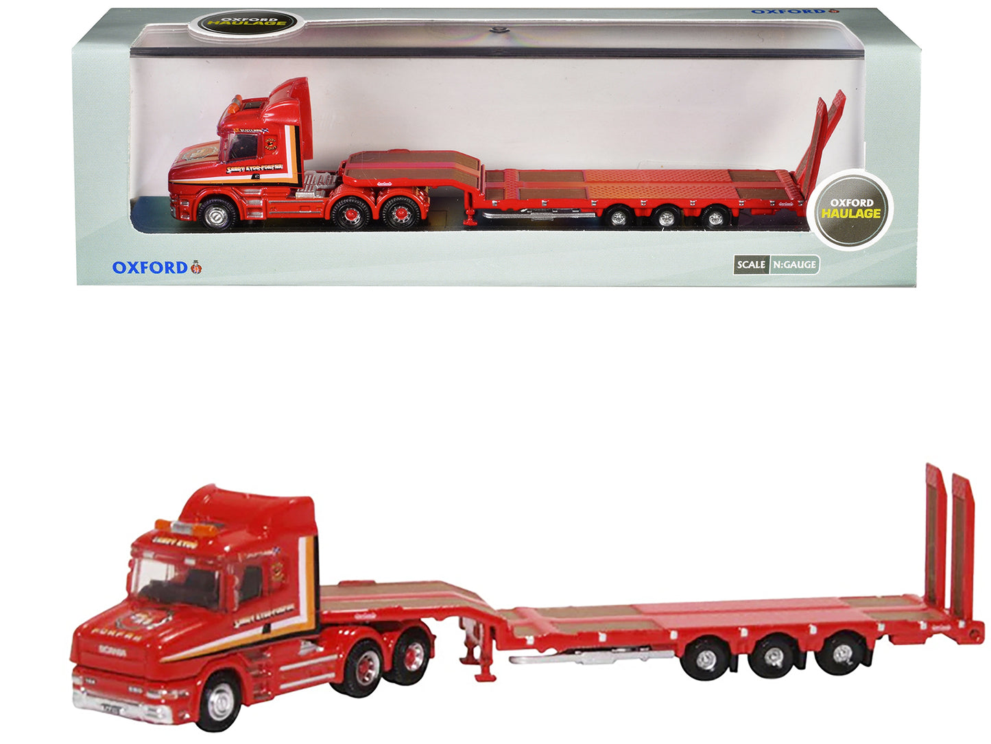 Scania T-Cab Truck RHD (Right Hand Drive) with Lowboy Trailer "Sandy Kydd" Red with Stripes 1/148 (N) Scale Diecast Model Car by Oxford Diecast - Use code SHOPAPP15 to get 15 percent off