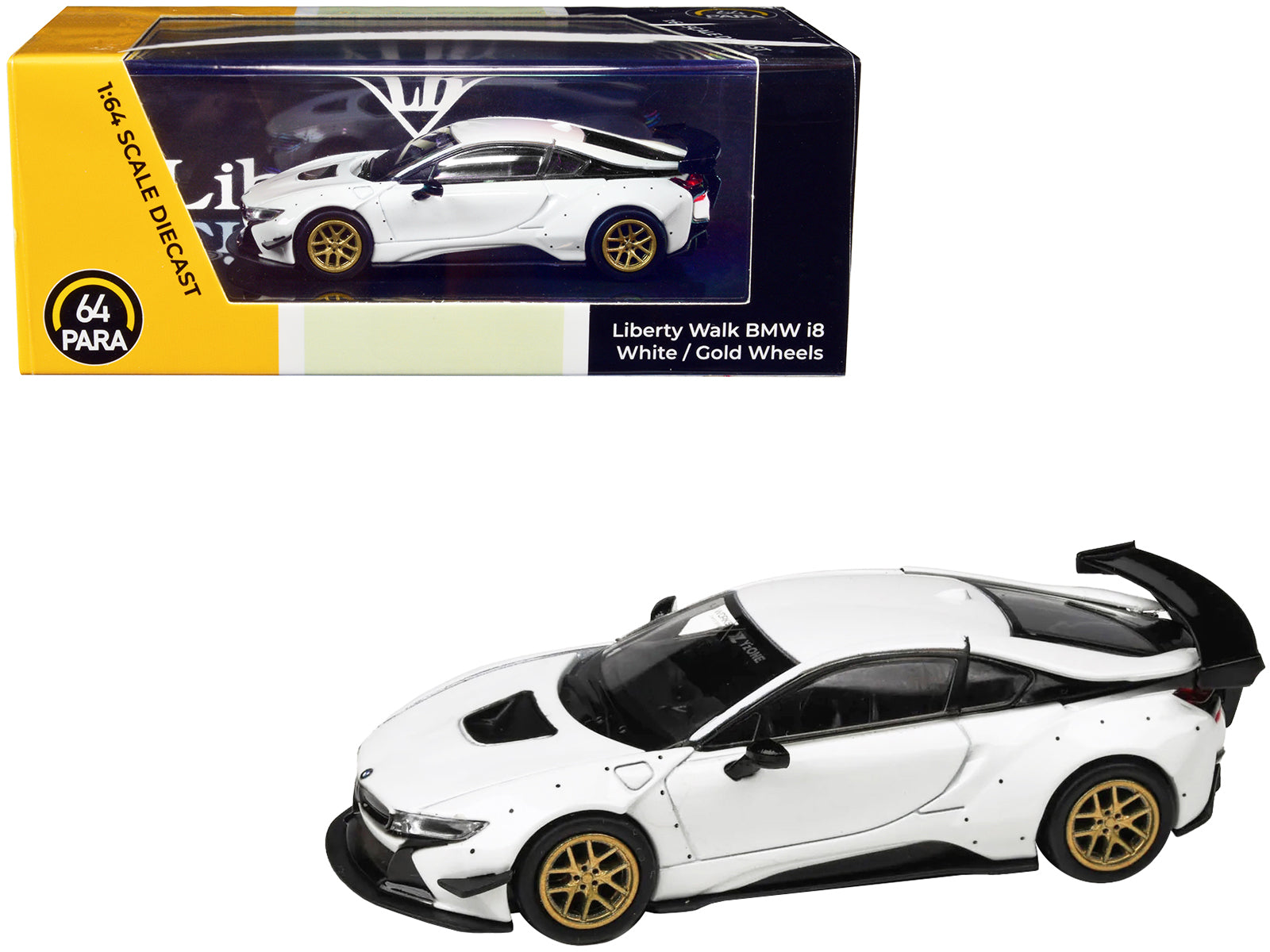 BMW i8 Liberty Walk White with Gold Wheels 1/64 Diecast Model Car by Paragon Models free shipping USA
