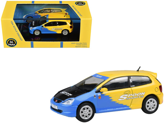 2001 Honda Civic Type R EP3 Blue and Yellow with Black Hood "Spoon Sports" 1/64 Diecast Model Car by Paragon Models