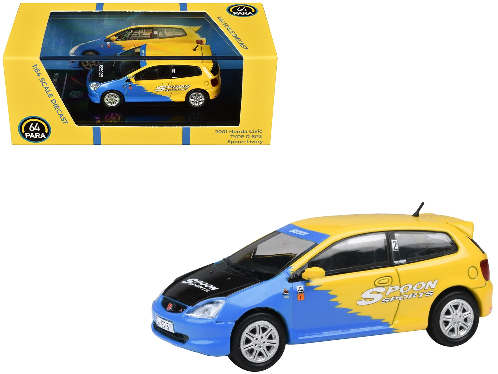 2001 Honda Civic Type R EP3 Blue and Yellow with Black Hood "Spoon Sports" 1/64 Diecast Model Car by Paragon Models - Premium Honda Models from Paragon - Just $37.99! Shop now at Rapidvehicles