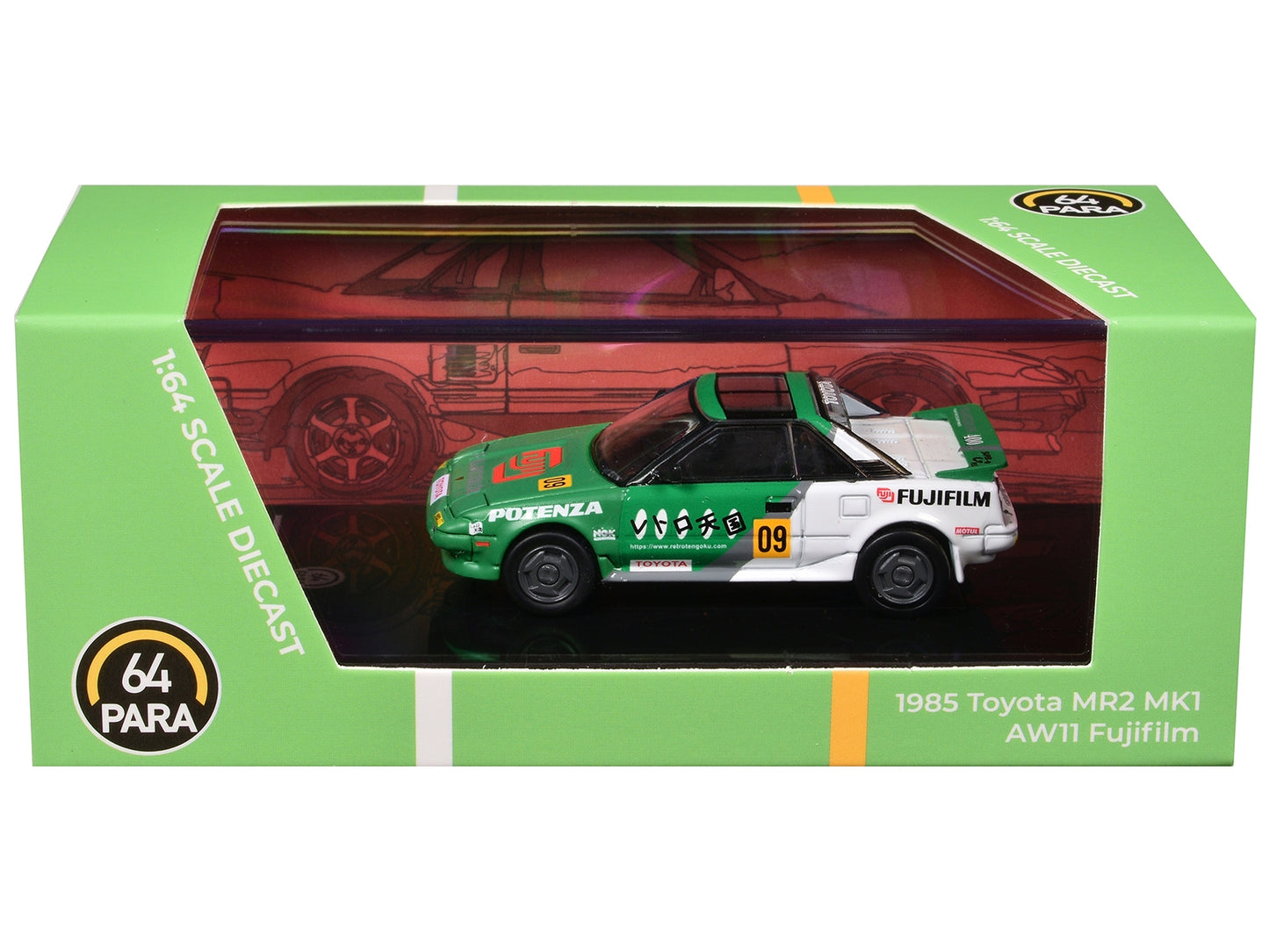 1985 Toyota MR2 MK1 AW11 #09 "Fujifilm" Green and White 1/64 - Premium Toyota Models from Paragon - Just $44.99! Shop now at Rapidvehicles