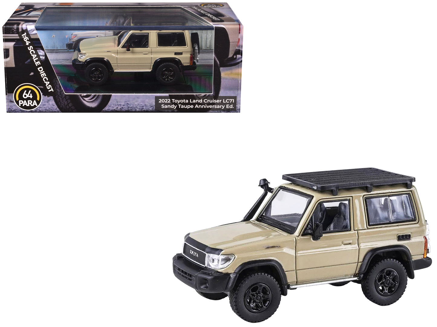 2023 Toyota Land Cruiser 71 Sandy Taupe "70th Anniversary" with Roofrack 1/64 Diecast Model Car by Paragon