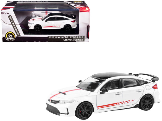 2025 Honda Civic Type R FL5 "Ultimate Edition" White with Red Stripes and Black Top 1/64 Diecast Model Car by Paragon