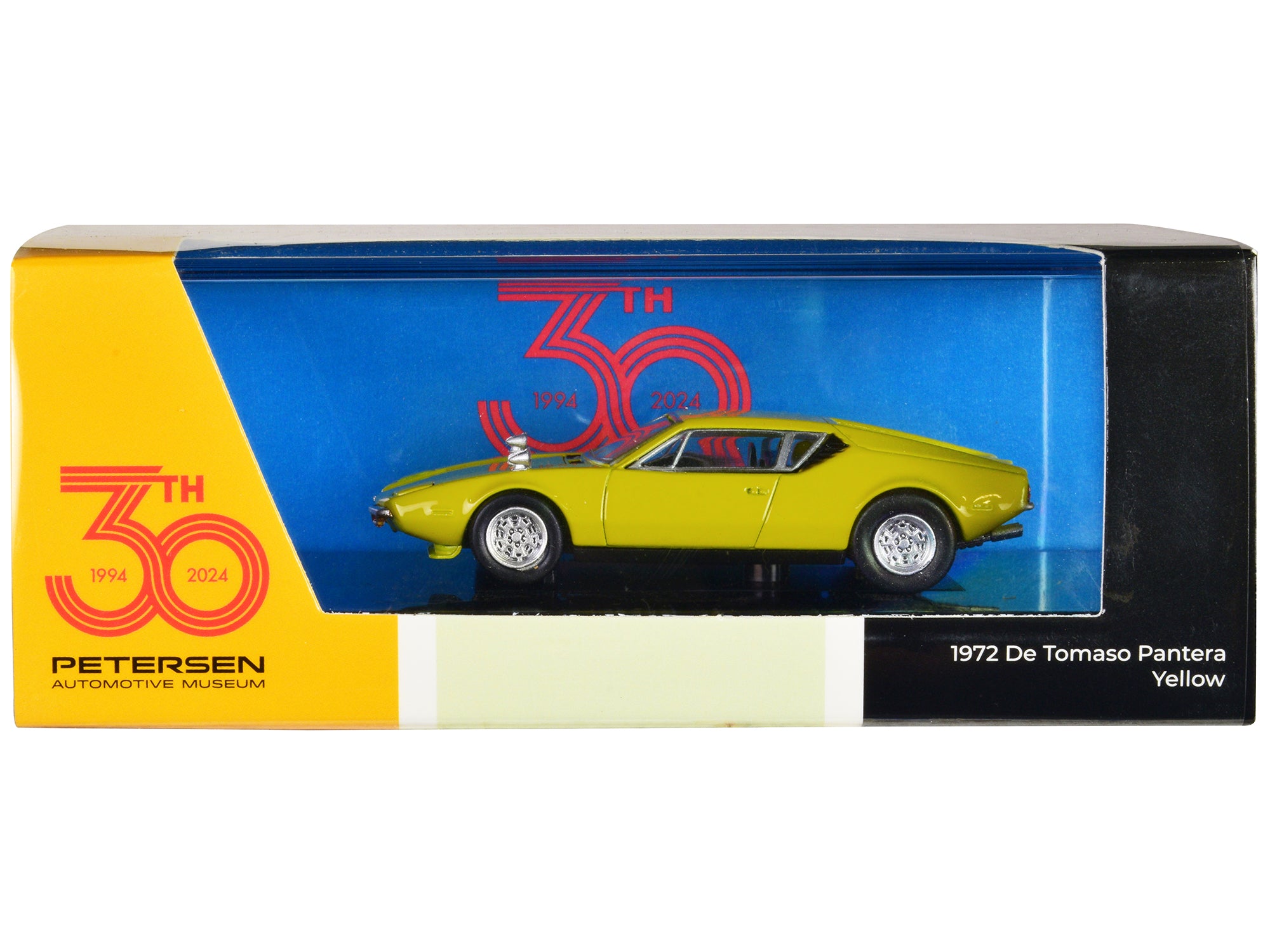 1972 De Tomaso Pantera Yellow "Petersen Automotive Museum 30th Anniversary" 1/64 Diecast Model Car by Paragon Models free shipping USA