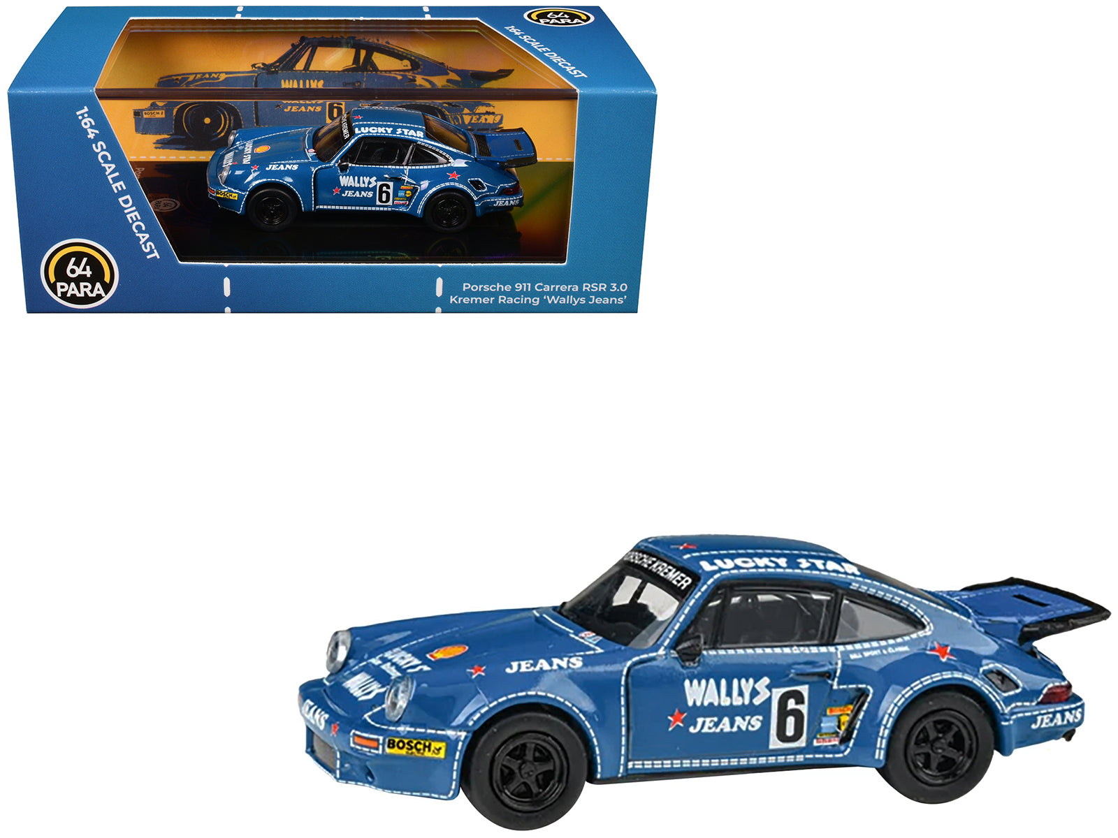 1975 Porsche 911 Carrera RSR 3.0 #6 "Kremer Racing - Wallys Jeans" Blue 1/64 Diecast Model Car by Paragon Models free shipping USA