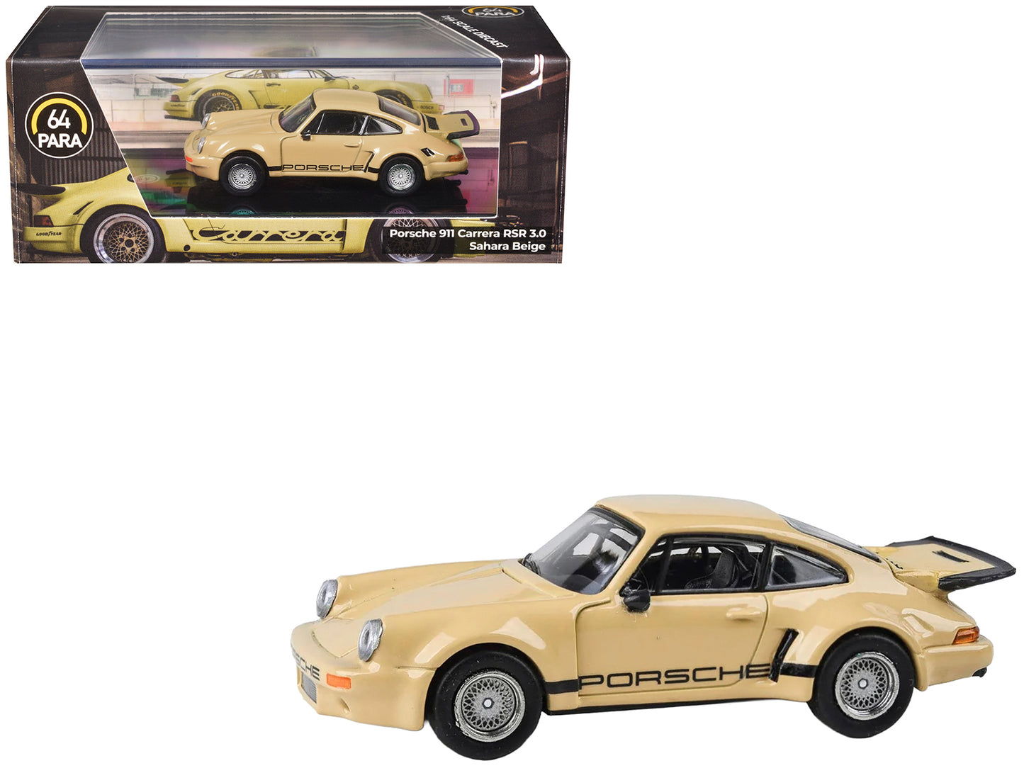 Porsche 911 Carrera RSR 3.0 Sahara Beige with Black Stripes 1/64 Diecast Model Car by Paragon