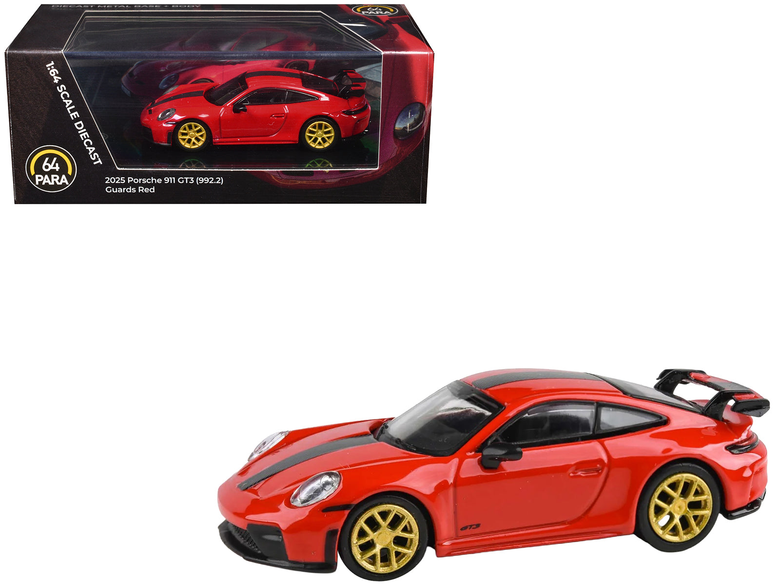 2025 Porsche 911 GT3 (992.2) Guards Red with Carbon Stripe and Gold Wheels 1/64 Diecast Model Car by Paragon Models free shipping USA