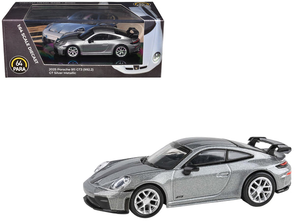 2025 Porsche 911 GT3 (992.2) GT Silver Metallic with Carbon Stripe 1/64 Diecast Model Car by Paragon Models