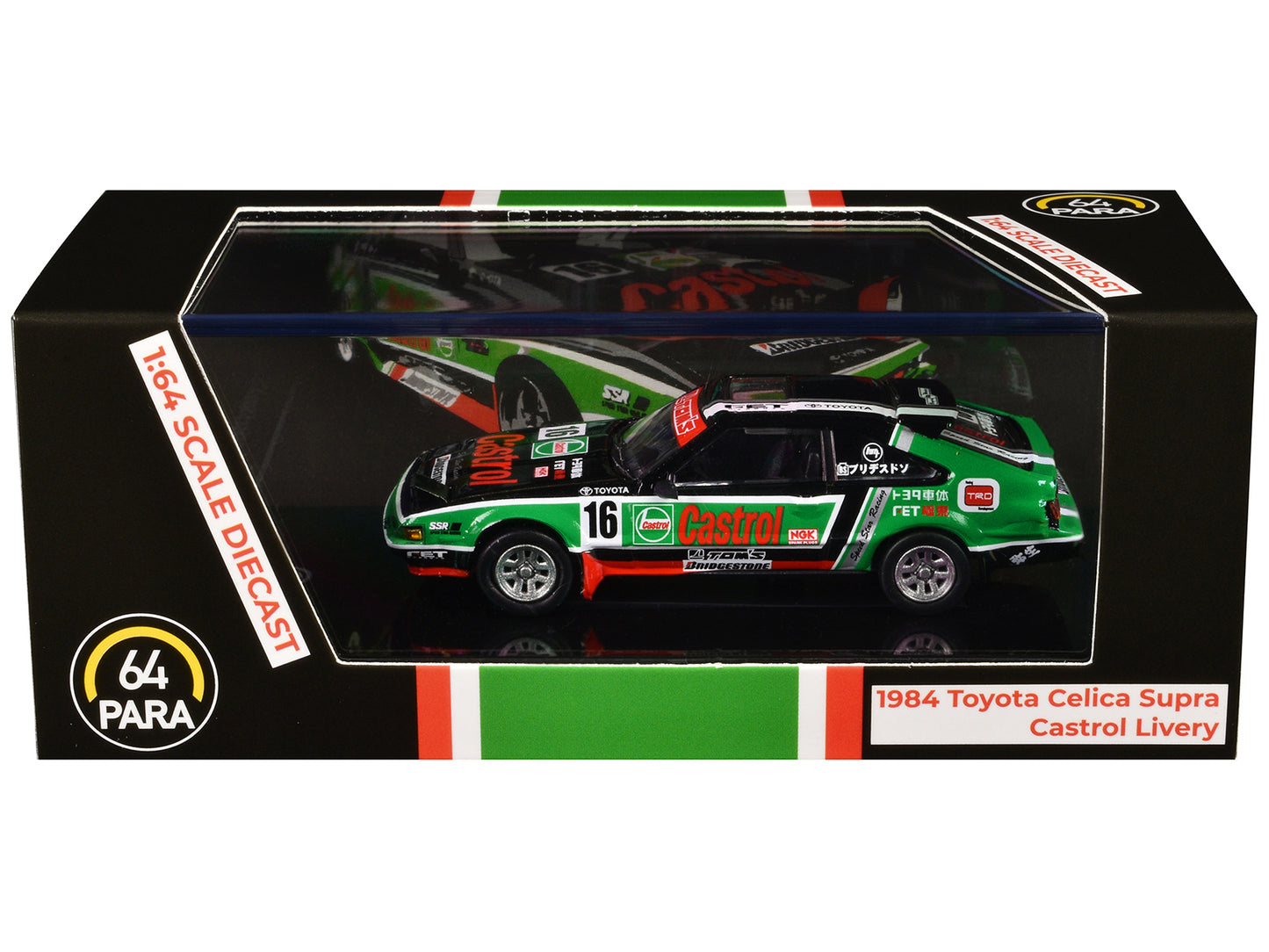 1984 Toyota Celica Supra #16 "Castrol Livery" Black and Green with Graphics 1/64 Diecast Model Car by Paragon Models