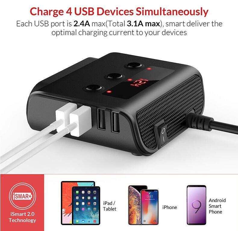 3 Way Car Cigarette Lighter Adapter 12V-24V Socket Splitter Plug - Premium Car Chargers from Rapidvehicles - Just $38.99! Shop now at Rapidvehicles