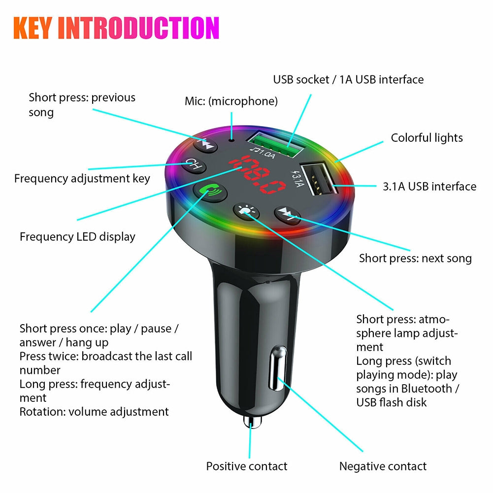 Multi-purpose LED Screen F9 Car  Bluetooth-compatible  5.0  Fm  Transmitter Mp3 Player U Disk Music Atmosphere Light Usb Fast Charger Black - Premium Car Chargers from Rapidvehicles - Just $17.99! Shop now at Rapidvehicles