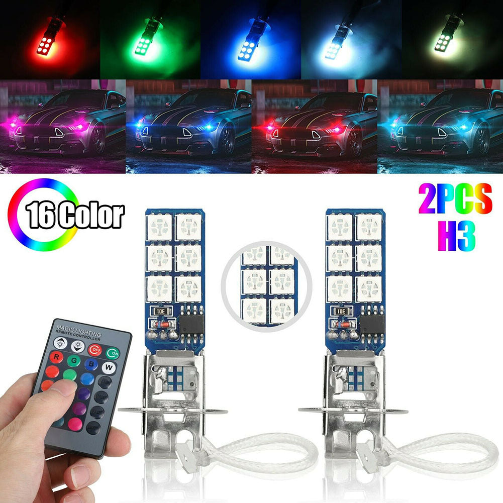 1 Pair Car Led Lights H1 H3 880 881 5050 12smd Rgb Colorful Driving Fog Lamp Headlights With Remote Control As shown - Premium Car LED Lights from Rapidvehicles - Just $15.29! Shop now at Rapidvehicles