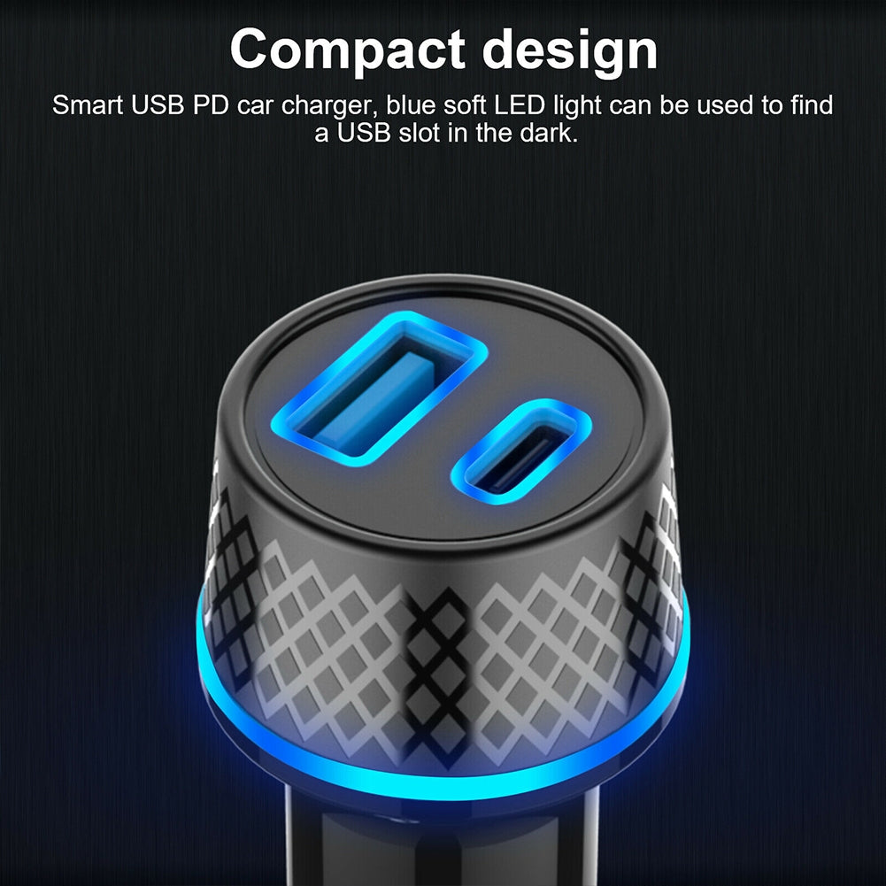 US Qc3.0 Usb Car Charger Dual Channel Pd20w Ultra-fast Charging Adapter With Blue Soft Led Light For Mobile Phones Tablets Navigators black - Premium Automotive from Rapidvehicles - Just $40.99! Shop now at Rapidvehicles