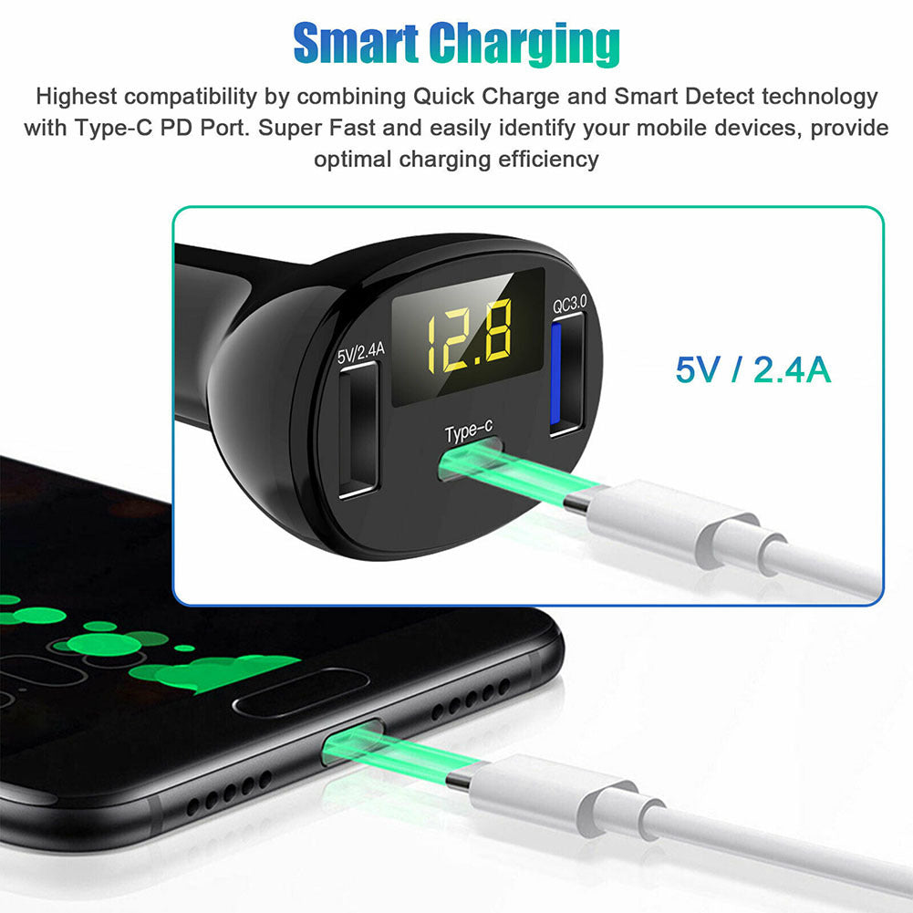 USB And Type-C Port Car Charger with Led Real-time Digital - Premium Car Chargers from Rapidvehicles - Just $27.99! Shop now at Rapidvehicles