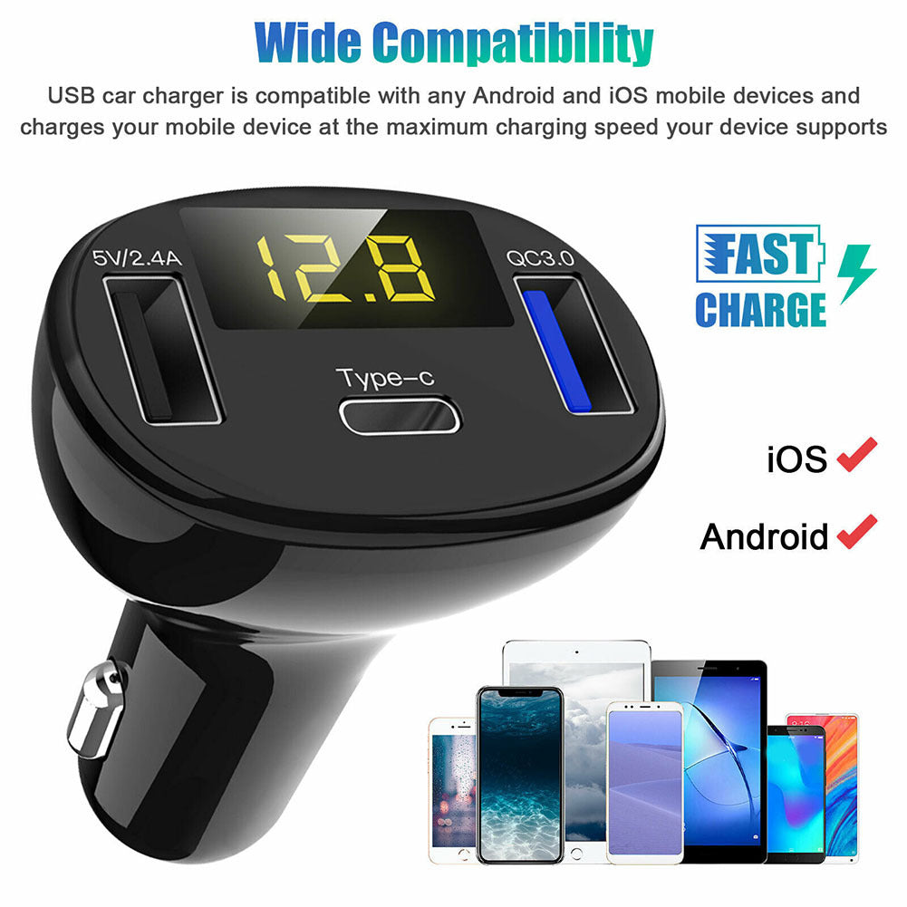 USB And Type-C Port Car Charger with Led Real-time Digital - Premium Car Chargers from Rapidvehicles - Just $27.99! Shop now at Rapidvehicles