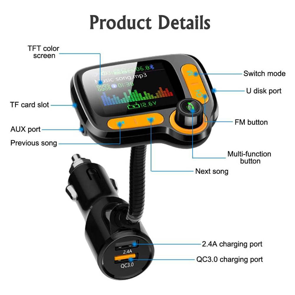 FM Transmitter Car Wireless Adapter Qc3.0 Charger Bluetooth 5.0 - Premium Other Car Electronics from Rapidvehicles - Just $39.59! Shop now at Rapidvehicles