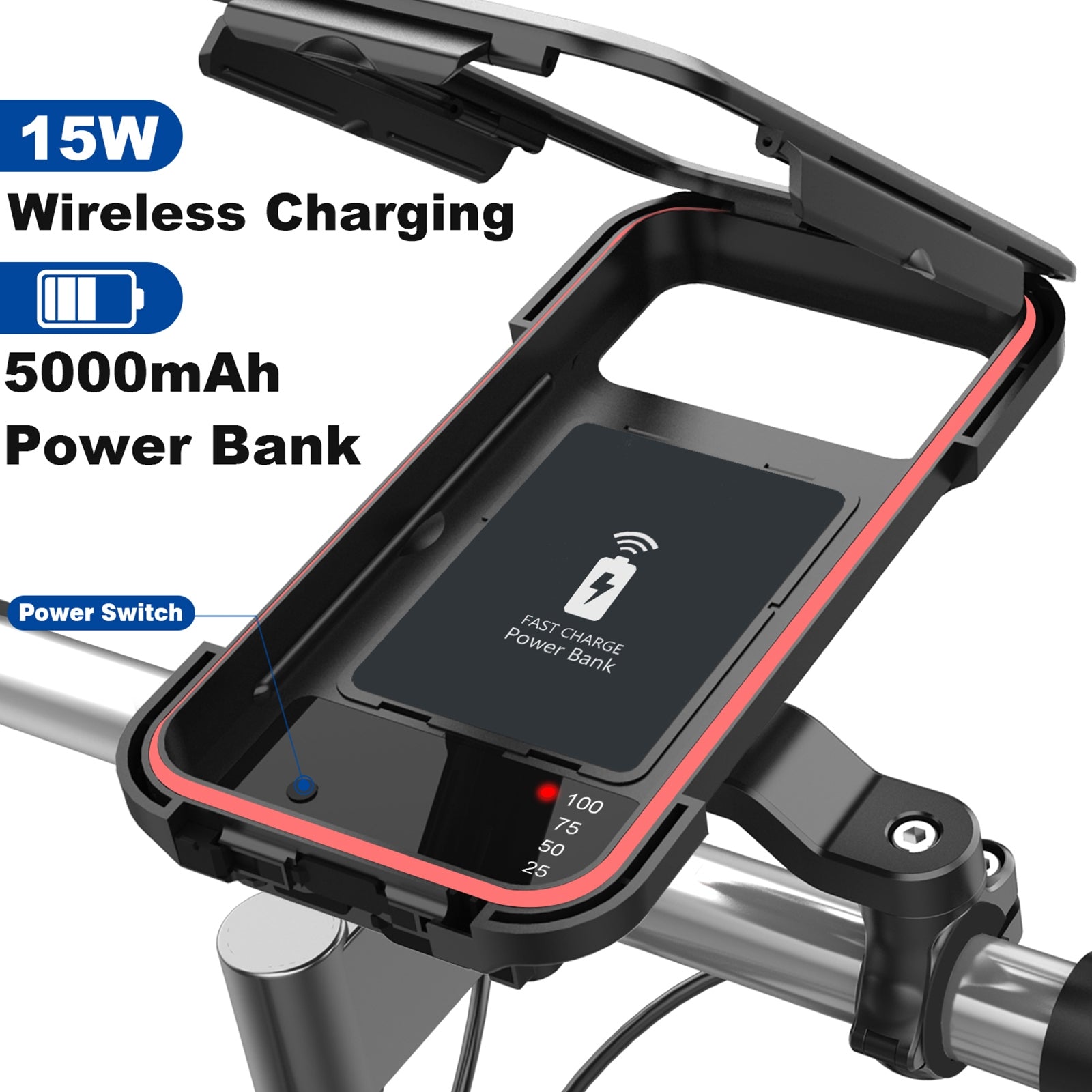 Motorcycle Bicycle Handlebar Phone Holder Wireless Charger Waterproof Black - Premium Car Mounts & Holders from Rapidvehicles - Just $44.99! Shop now at Rapidvehicles