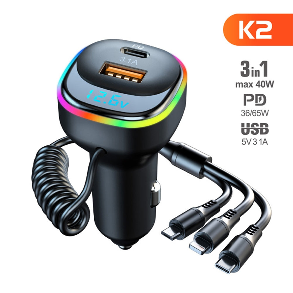 K2 Multi-functional Car Charger Display 12-24v Pd65w Qc3.0 Quick Charge 3-in-1 Spring Fast Charging Cable Black - Premium Car Chargers from Rapidvehicles - Just $29.99! Shop now at Rapidvehicles