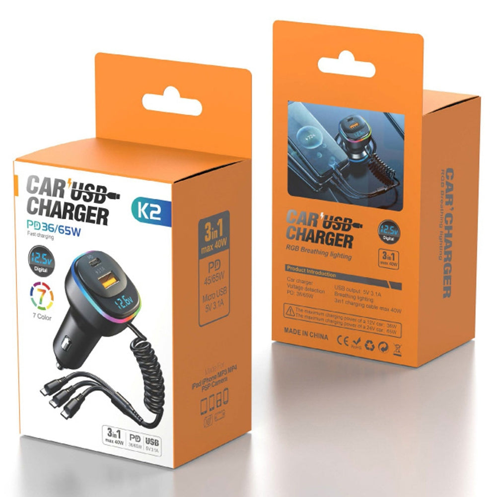 K2 Multi-functional Car Charger Display 12-24v Pd65w Qc3.0 Quick Charge 3-in-1 Spring Fast Charging Cable Black - Premium Car Chargers from Rapidvehicles - Just $29.99! Shop now at Rapidvehicles