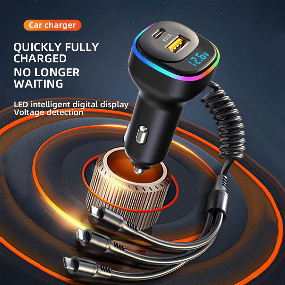 K2 Multi-functional Car Charger Display 12-24v Pd65w Qc3.0 Quick Charge 3-in-1 Spring Fast Charging Cable Black - Premium Car Chargers from Rapidvehicles - Just $29.99! Shop now at Rapidvehicles