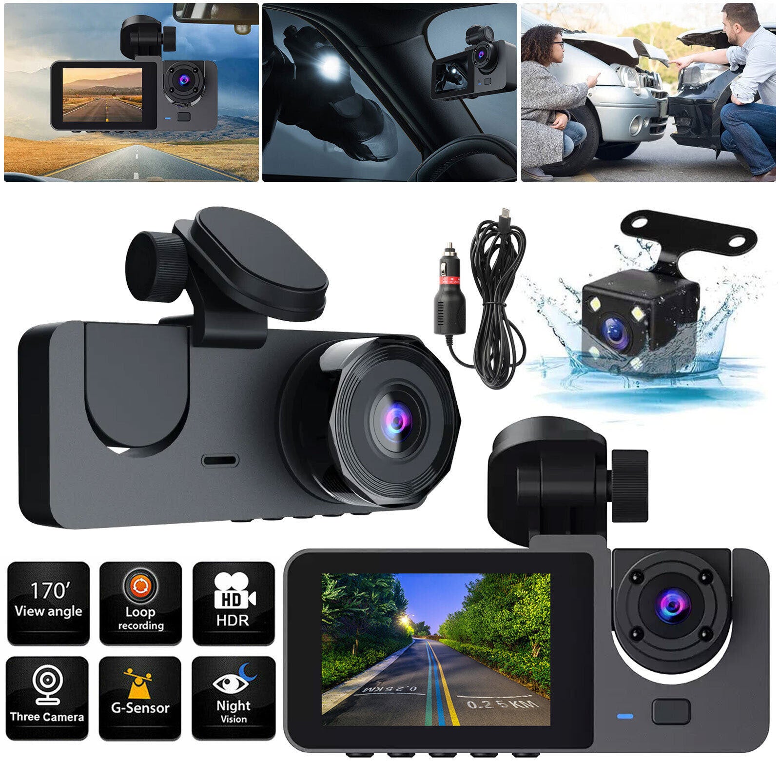 Y15 Car Dvr Dash Cam 3 Cameras Ips Hd 1080p Wide Angle Video Recorder G-sensor Motion Detection Camcorder Black - Premium Car Rear View Camera from Rapidvehicles - Just $42.99! Shop now at Rapidvehicles