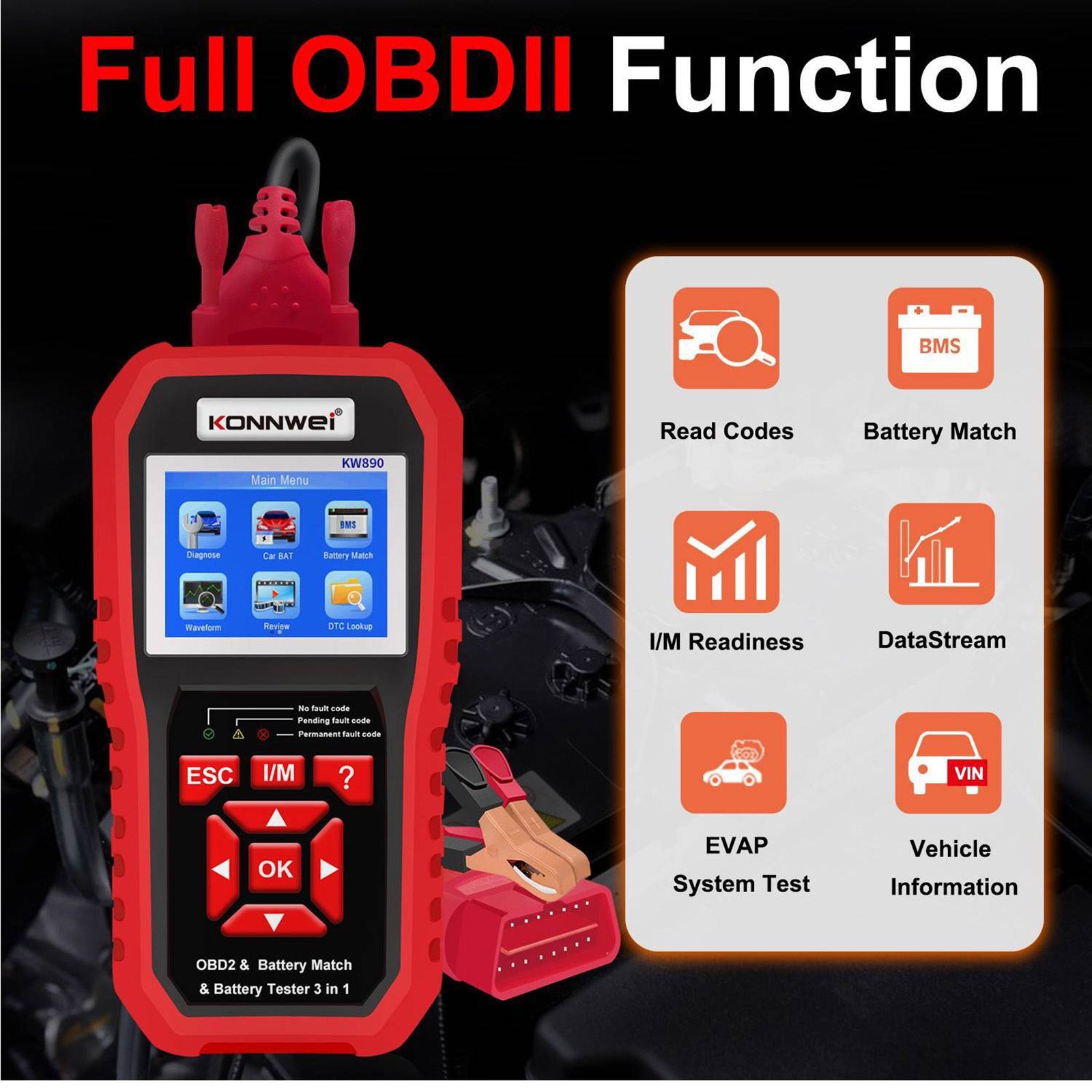 Kw880 Car Obdii Diagnostic Fault Scanner Tool Battery Real-time Monitoring Tools Auto Battery Tester Red - Premium OBD & Diagnostic Tools from Rapidvehicles - Just $95.99! Shop now at Rapidvehicles