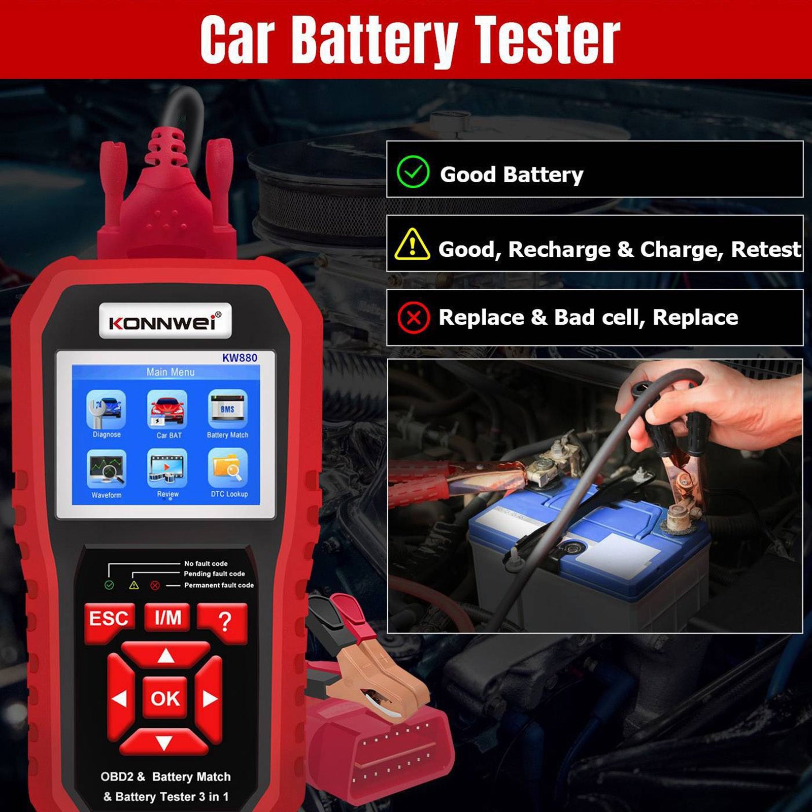 Kw880 Car Obdii Diagnostic Fault Scanner Tool Battery Real-time Monitoring Tools Auto Battery Tester Red - Premium OBD & Diagnostic Tools from Rapidvehicles - Just $95.99! Shop now at Rapidvehicles