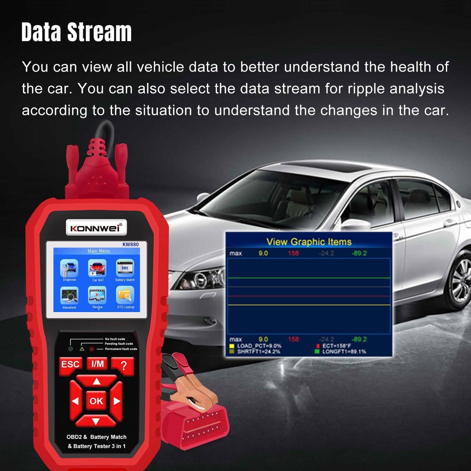 Kw880 Car Obdii Diagnostic Fault Scanner Tool Battery Real-time Monitoring Tools Auto Battery Tester Red - Premium OBD & Diagnostic Tools from Rapidvehicles - Just $95.99! Shop now at Rapidvehicles