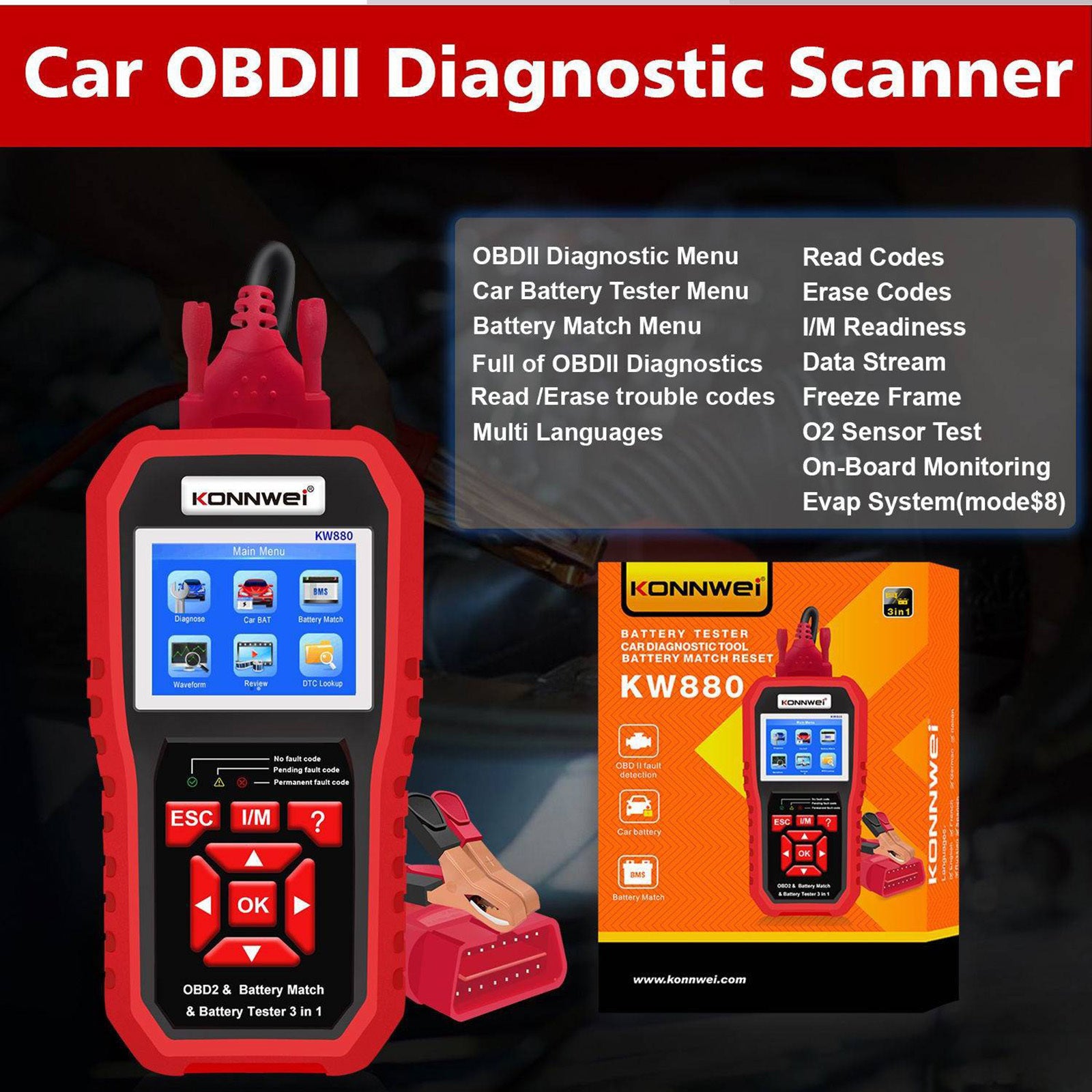 Kw880 Car Obdii Diagnostic Fault Scanner Tool Battery Real-time Monitoring Tools Auto Battery Tester Red - Premium OBD & Diagnostic Tools from Rapidvehicles - Just $95.99! Shop now at Rapidvehicles