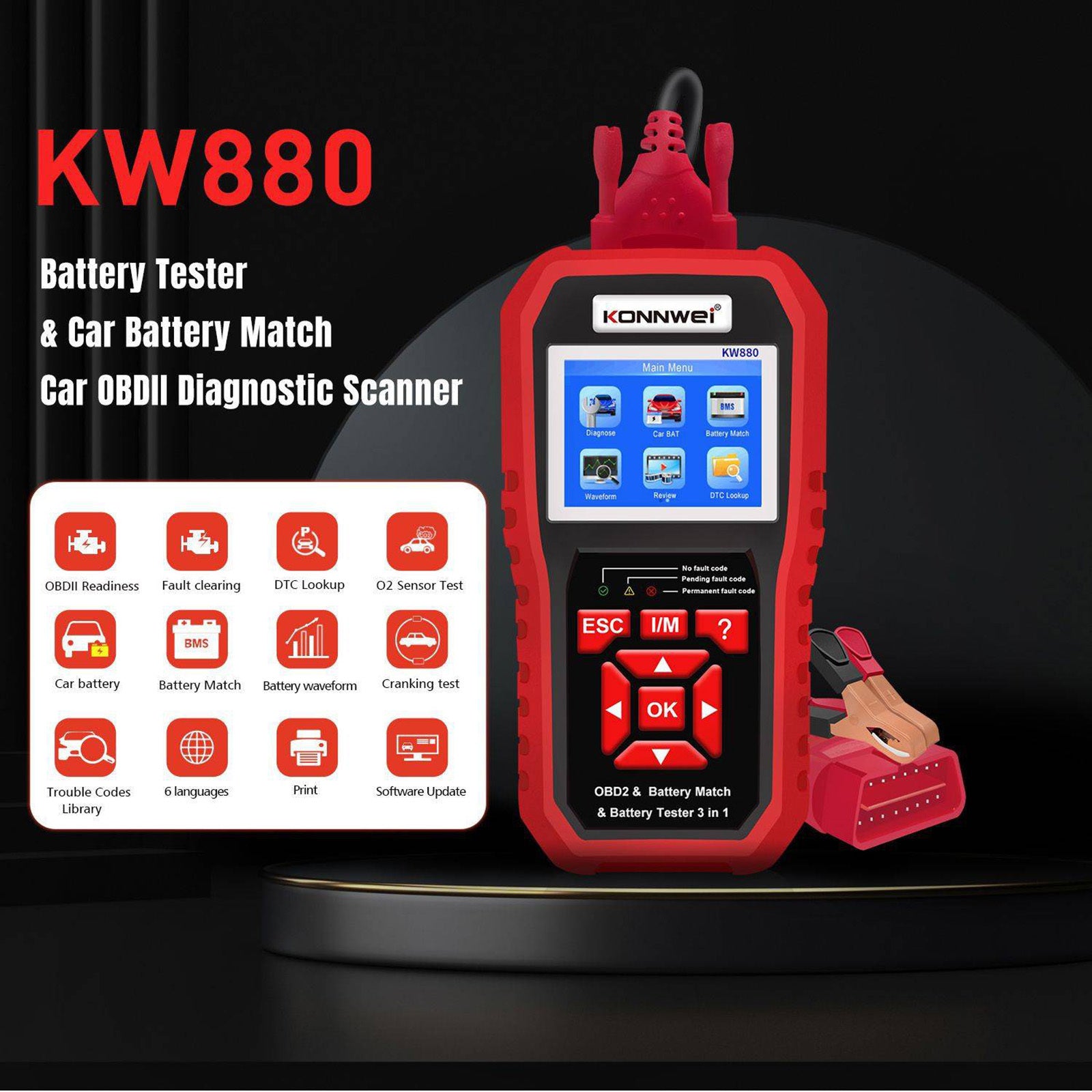 Kw880 Car Obdii Diagnostic Fault Scanner Tool Battery Real-time Monitoring Tools Auto Battery Tester Red - Premium OBD & Diagnostic Tools from Rapidvehicles - Just $95.99! Shop now at Rapidvehicles