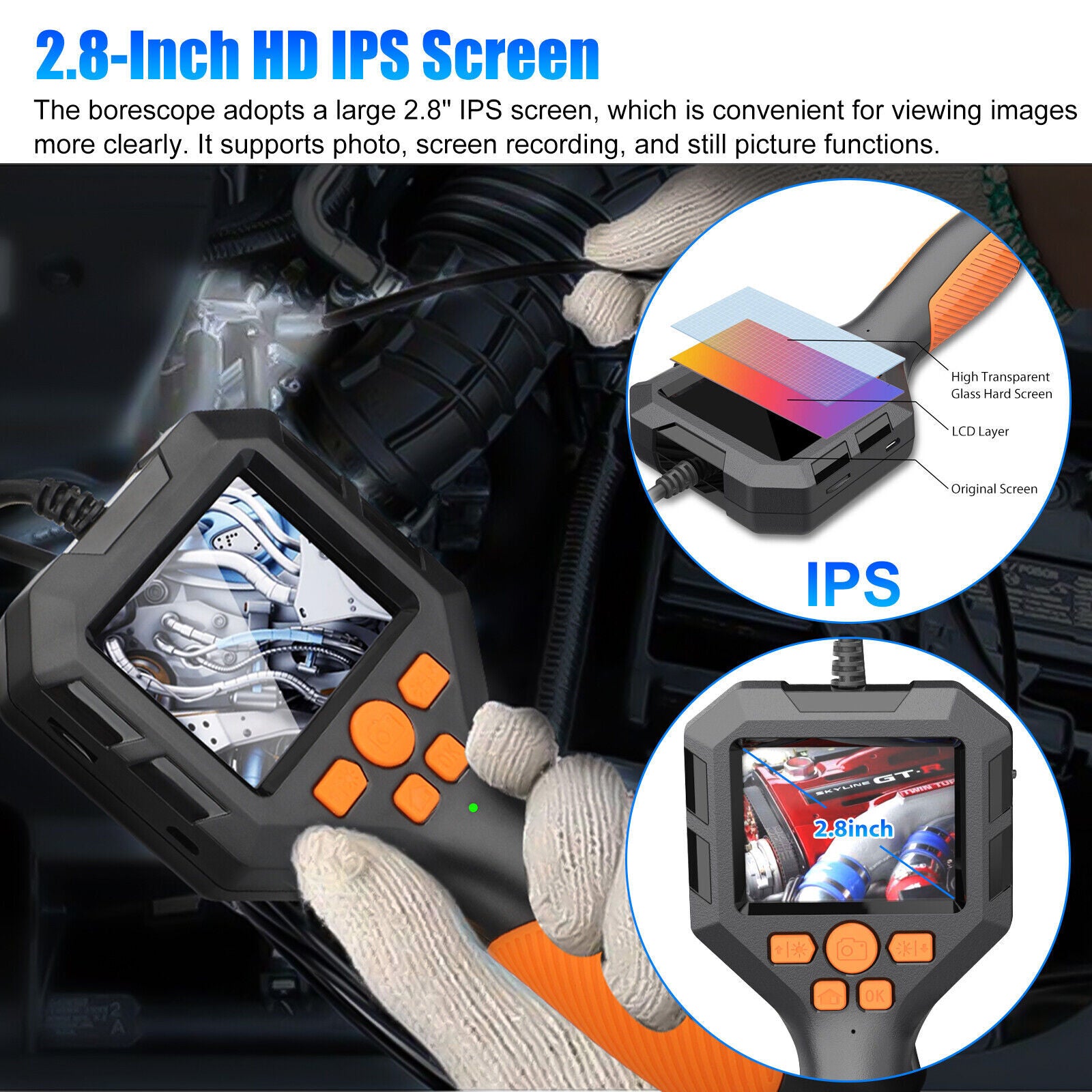 HD 1080P Led Handheld Borescope 2.8-inch Ips Screen 8mm Inspection Camera Industrial Endoscope for Auto Repair Black - Premium OBD & Diagnostic Tools from Rapidvehicles - Just $139.99! Shop now at Rapidvehicles