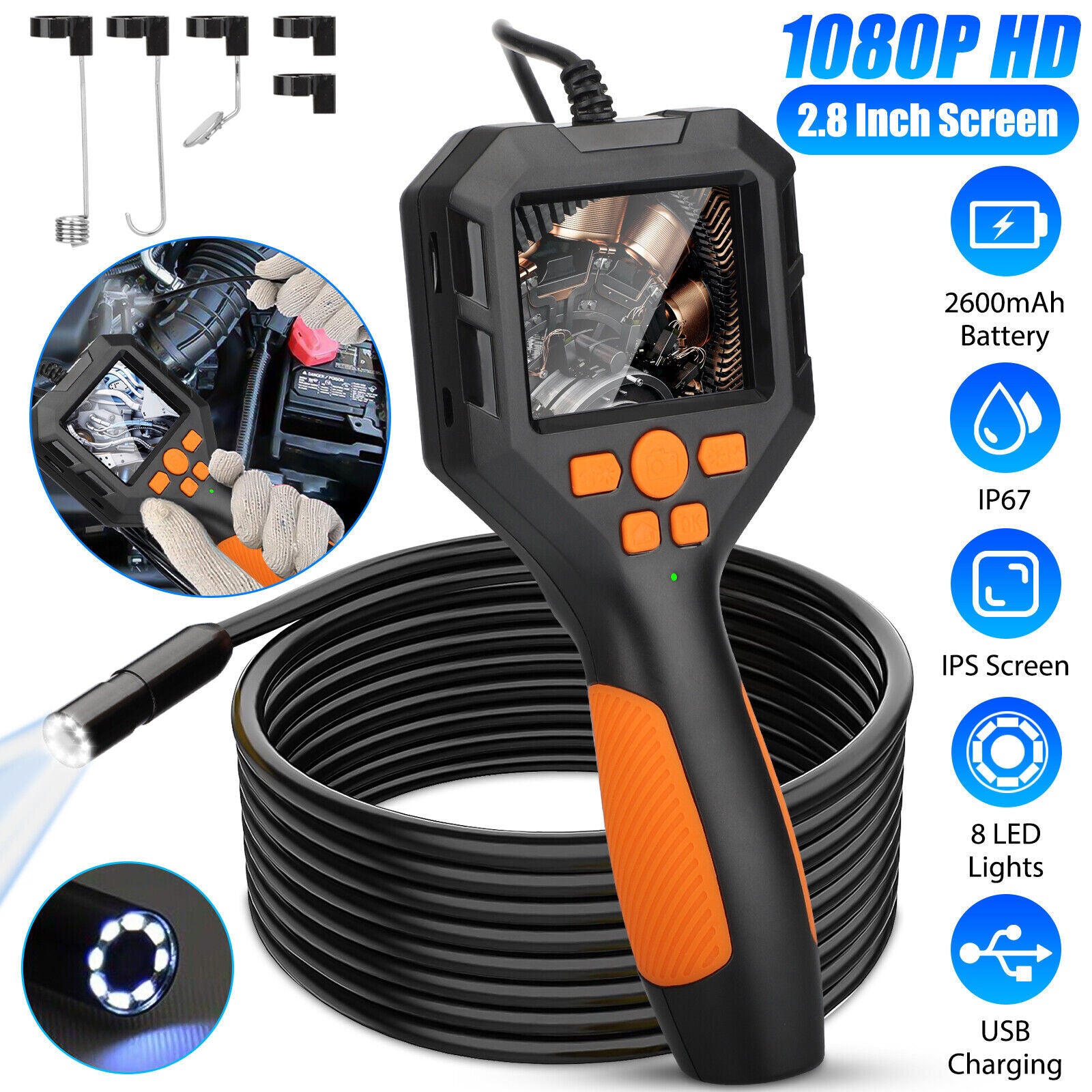 HD 1080P Led Handheld Borescope 2.8-inch Ips Screen 8mm Inspection Camera Industrial Endoscope for Auto Repair Black - Premium OBD & Diagnostic Tools from Rapidvehicles - Just $139.99! Shop now at Rapidvehicles