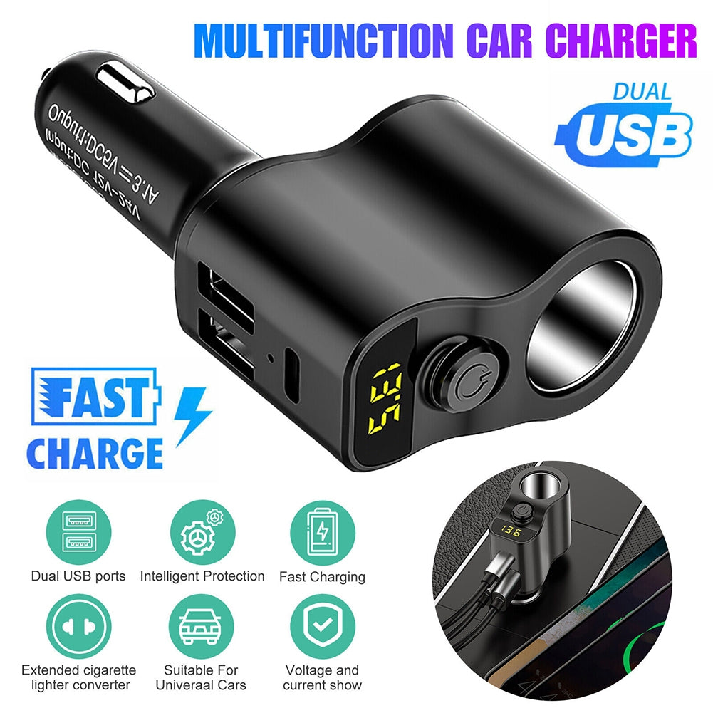 Car Charger Extension Cigarette Lighter Adapter Socket Splitter 2 USB 1PD Ports Voltage Meter 12V/24V Automobile Outlet black - Premium Car Chargers from Rapidvehicles - Just $21.56! Shop now at Rapidvehicles