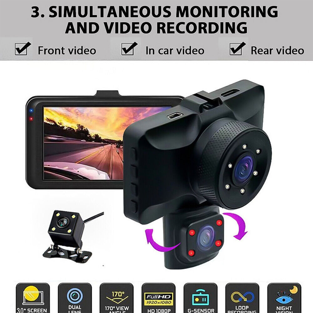 3 Channel Dash Cam Front Rear Inside 1080p Full High-Definition Wide Angle Dashboard Camera Ir Night Vision Black - Premium Car DVR from Rapidvehicles - Just $51.95! Shop now at Rapidvehicles