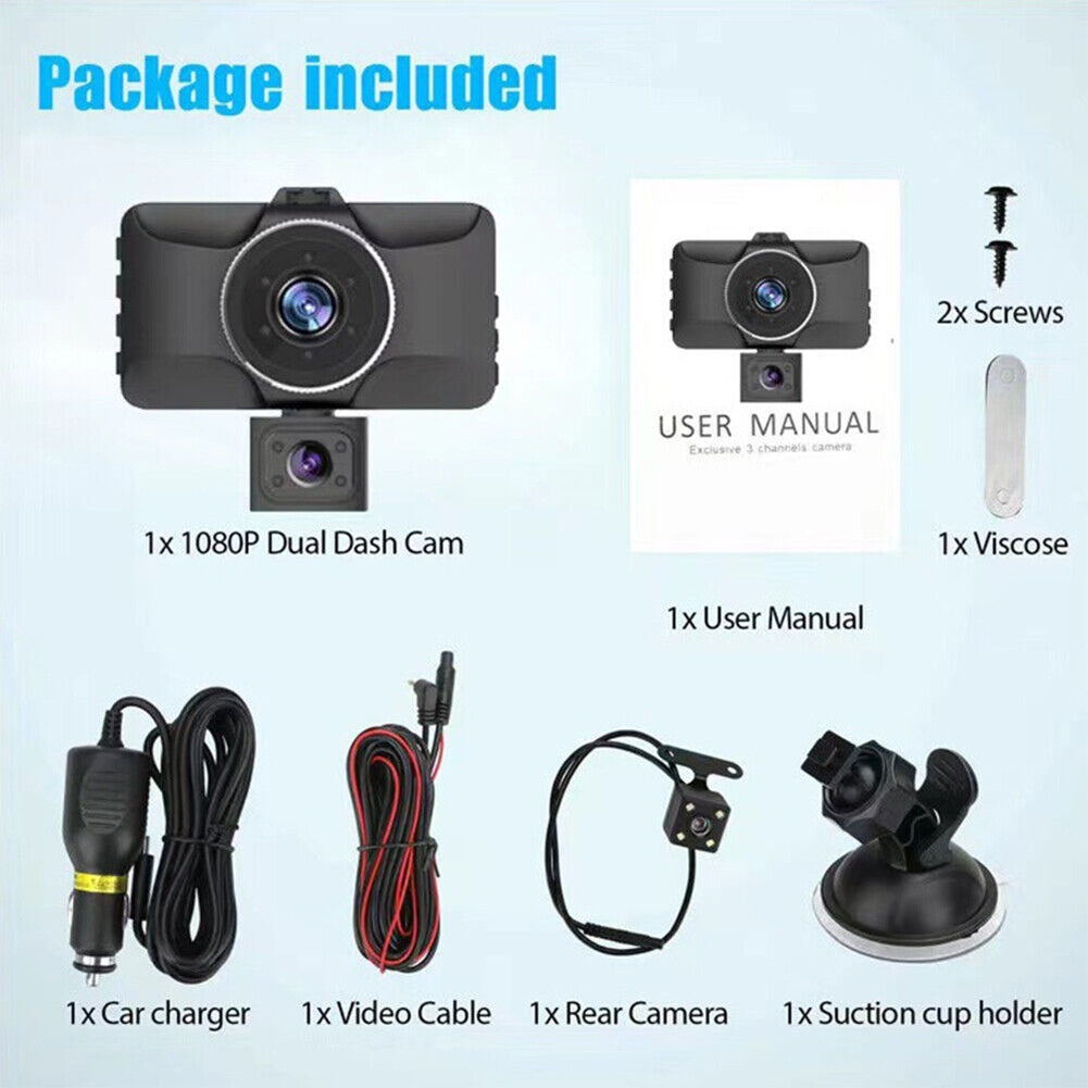 3 Channel Dash Cam Front Rear Inside 1080p Full High-Definition Wide Angle Dashboard Camera Ir Night Vision Black - Premium Car DVR from Rapidvehicles - Just $51.95! Shop now at Rapidvehicles