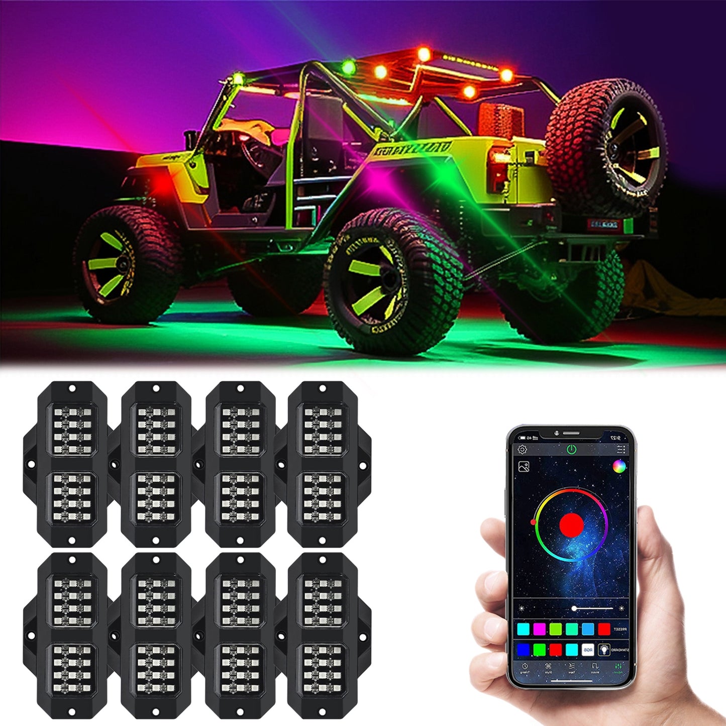 RGB LED Rock Lights Kits Multicolor Exterior Waterproof Underglow - Premium Car LED Lights from Rapidvehicles - Just $53.09! Shop now at Rapidvehicles