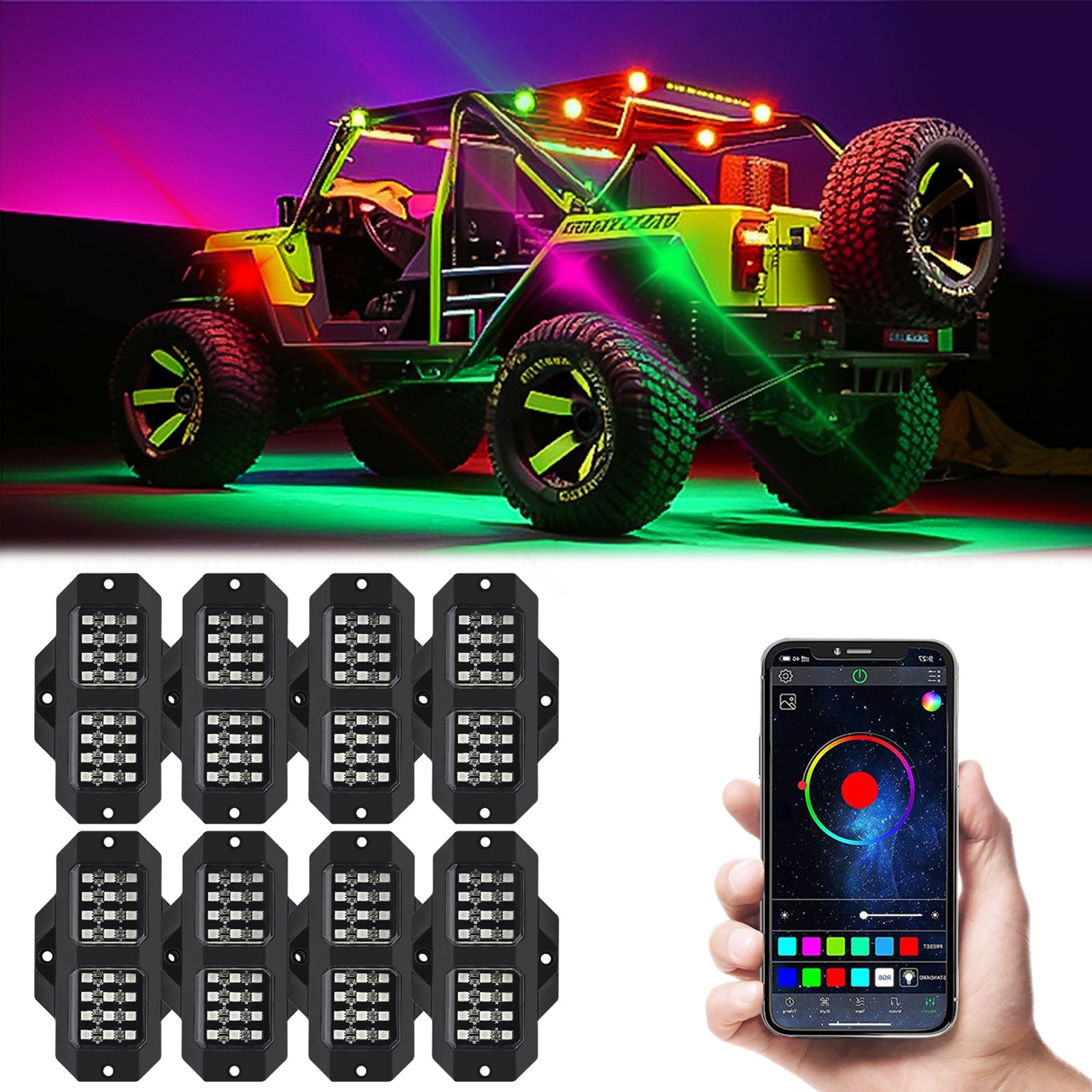 RGB LED Rock Lights Kits Multicolor Exterior Waterproof Underglow - Premium Car LED Lights from Rapidvehicles - Just $53.09! Shop now at Rapidvehicles