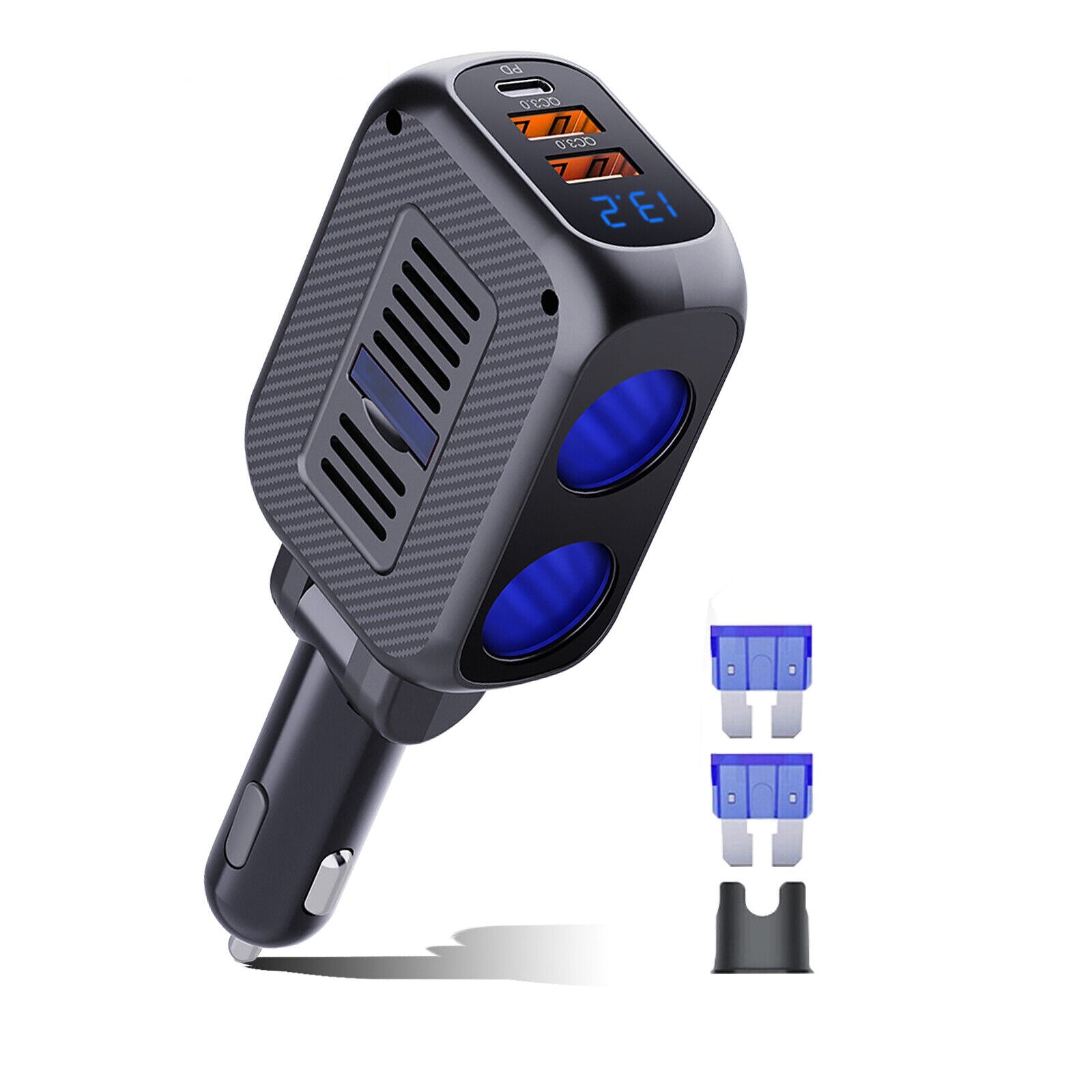 Car Charger 180W 2-Socket Cigarette Lighter Splitter Dual QC 3.0 Quick Charge 1 Type-C Port Adapter LED Voltmeter black - Premium Car Chargers from Rapidvehicles - Just $32.99! Shop now at Rapidvehicles