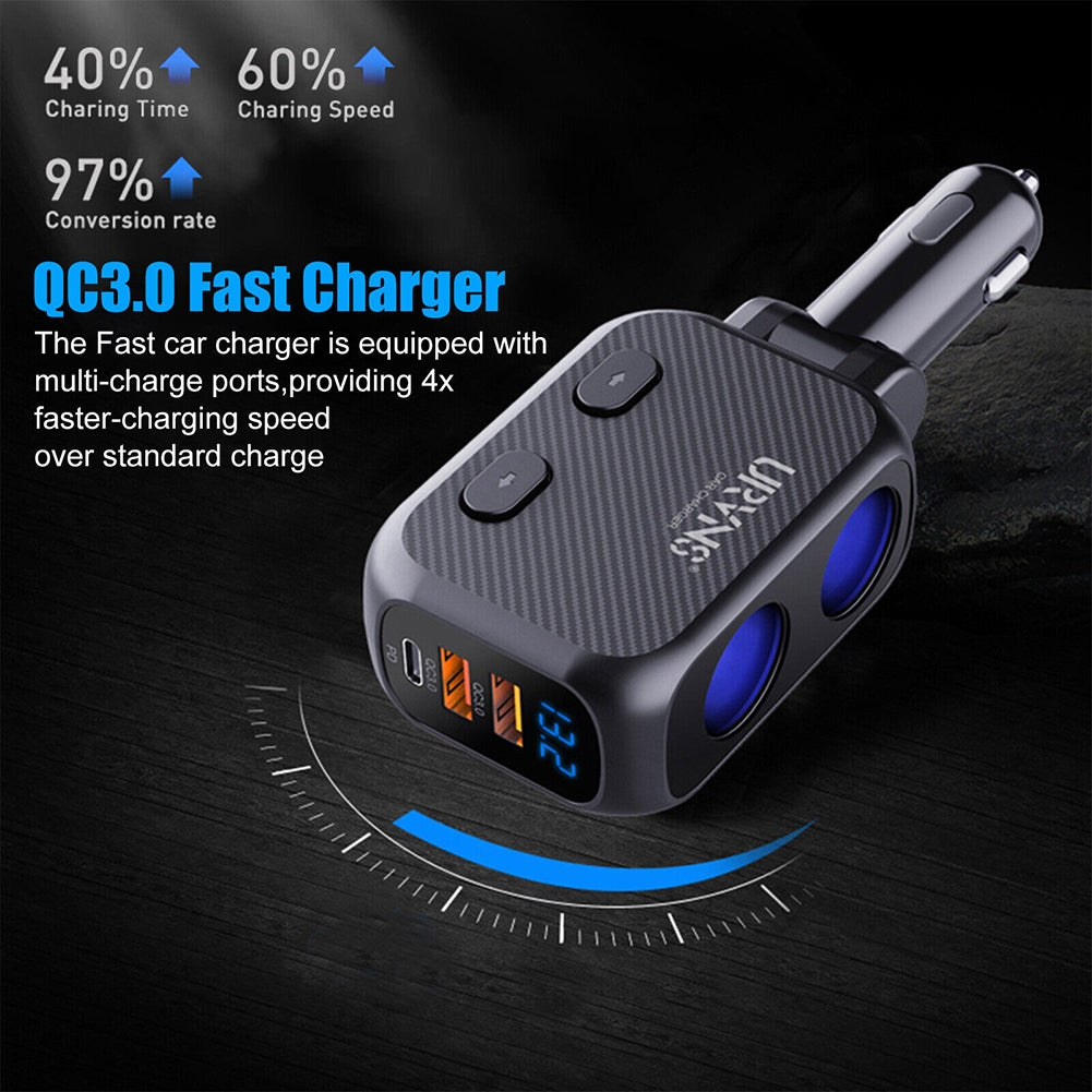 Car Charger 180W 2-Socket Cigarette Lighter Splitter Dual QC 3.0 Quick Charge 1 Type-C Port Adapter LED Voltmeter black - Premium Car Chargers from Rapidvehicles - Just $32.99! Shop now at Rapidvehicles